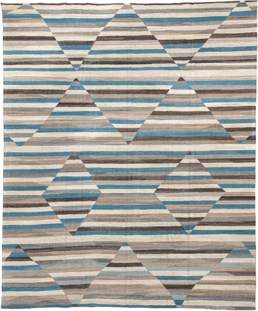 13' x 15' one-of-a-kind handmade vintage Kilim oversize rug. Color palette: ivory, taupe, charcoal, turquoise, gray, beige