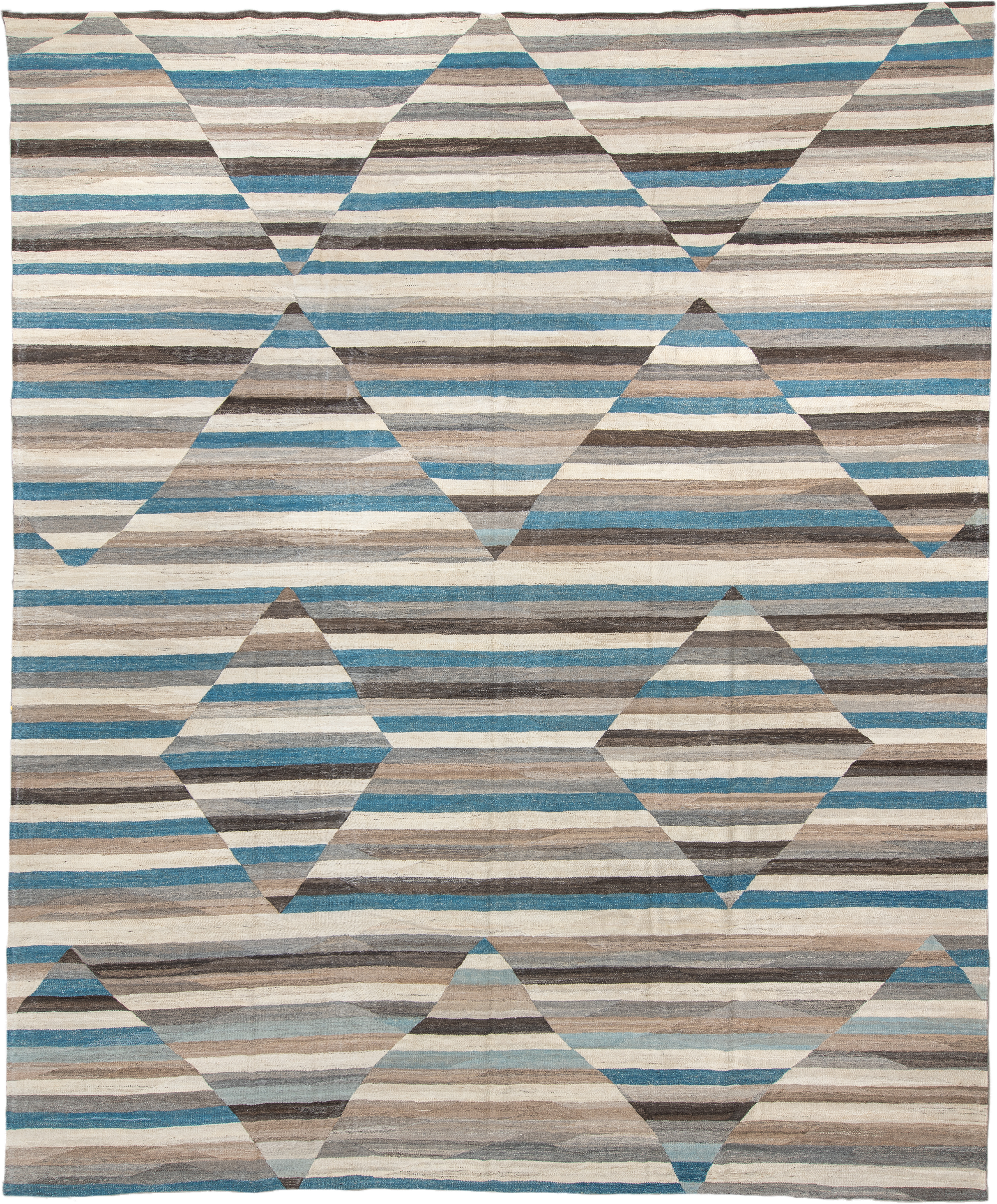 13' x 15' one-of-a-kind handmade vintage Kilim oversize rug. Color palette: ivory, taupe, charcoal, turquoise, gray, beige