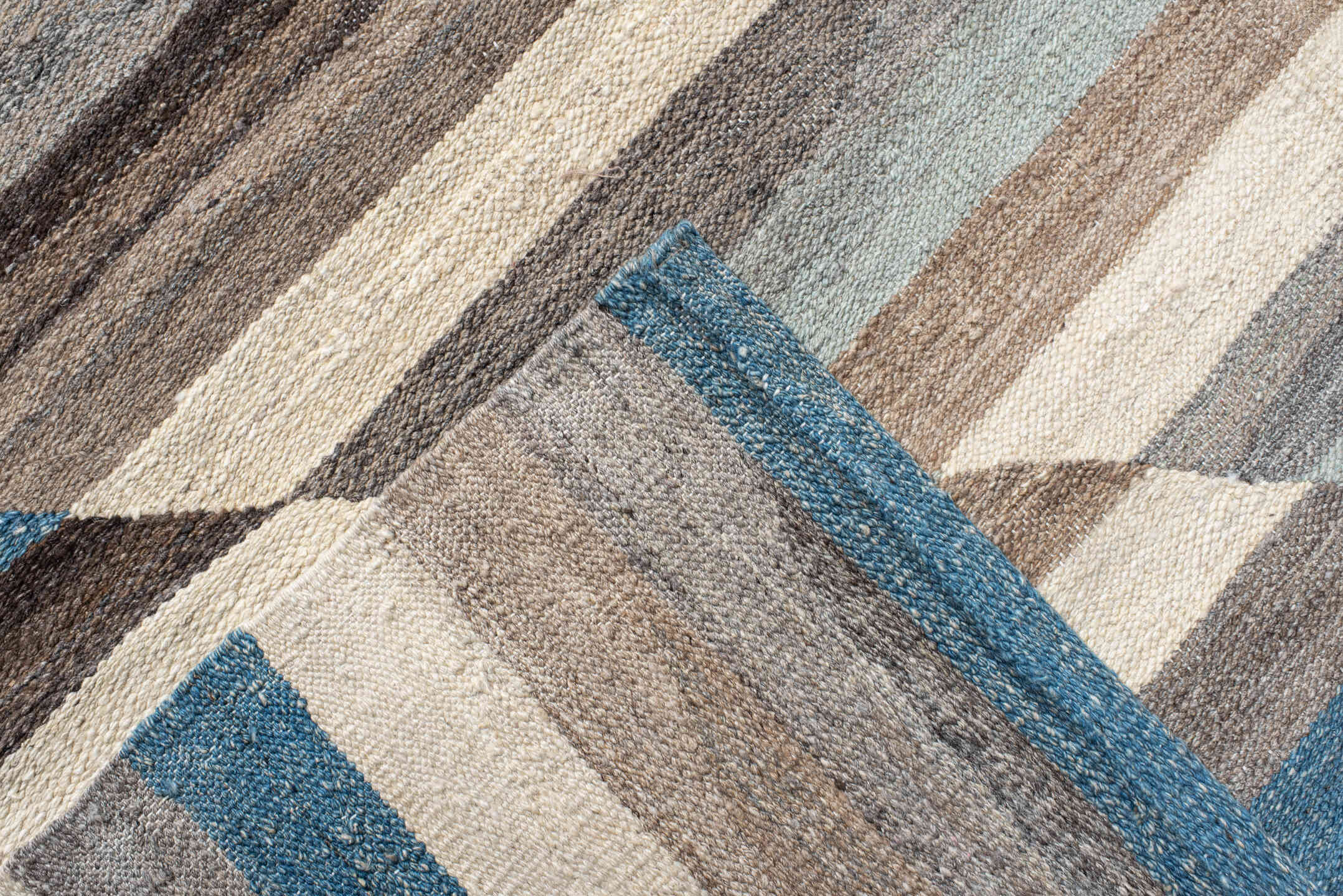 13' x 15' one-of-a-kind handmade vintage Kilim oversize rug. Color palette: ivory, taupe, charcoal, turquoise, gray, beige