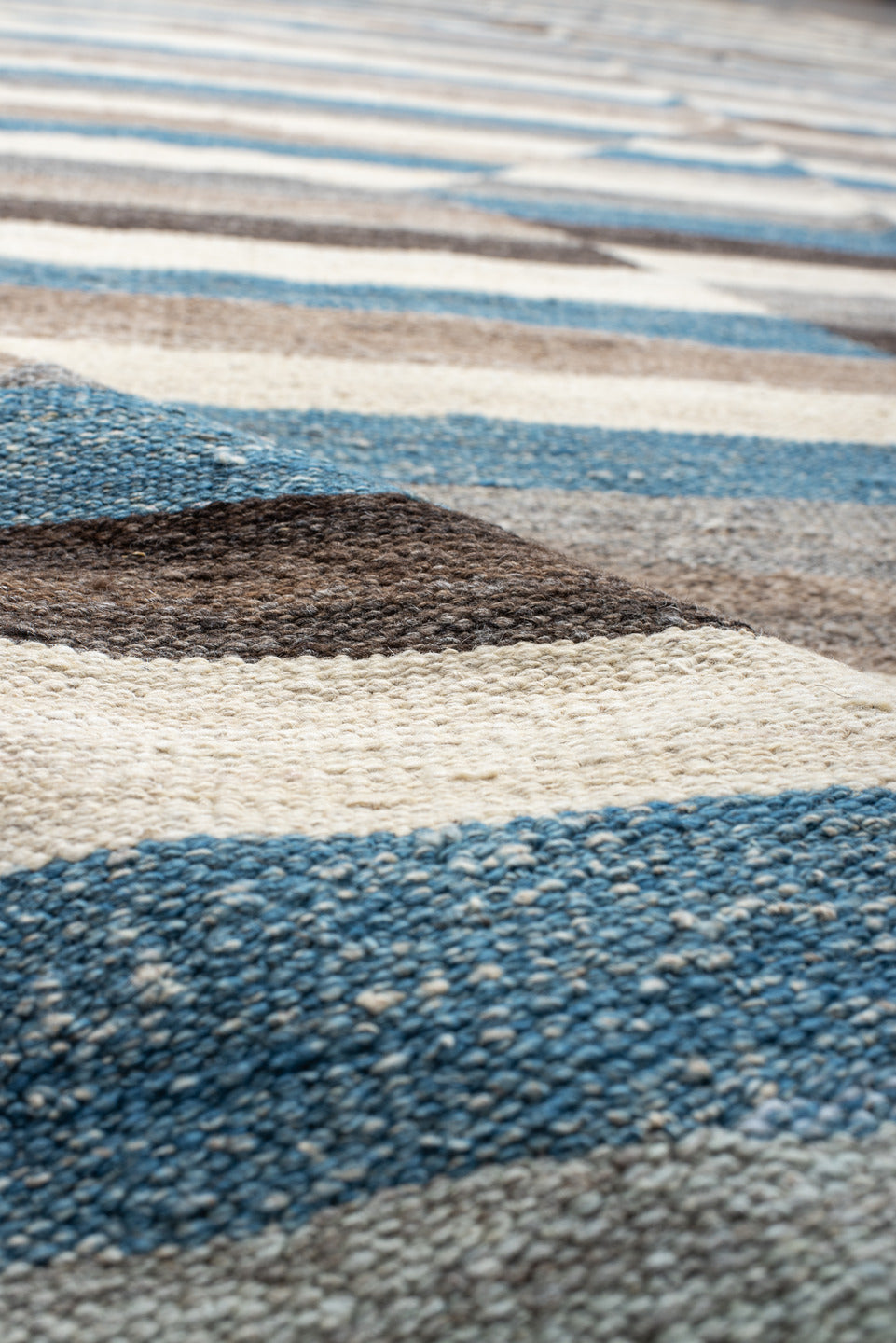 13' x 15' one-of-a-kind handmade vintage Kilim oversize rug. Color palette: ivory, taupe, charcoal, turquoise, gray, beige