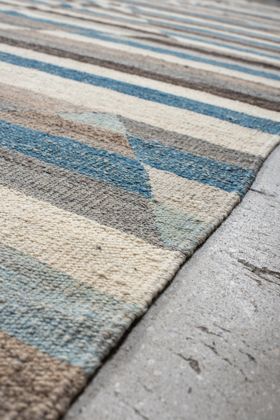 13' x 15' one-of-a-kind handmade vintage Kilim oversize rug. Color palette: ivory, taupe, charcoal, turquoise, gray, beige