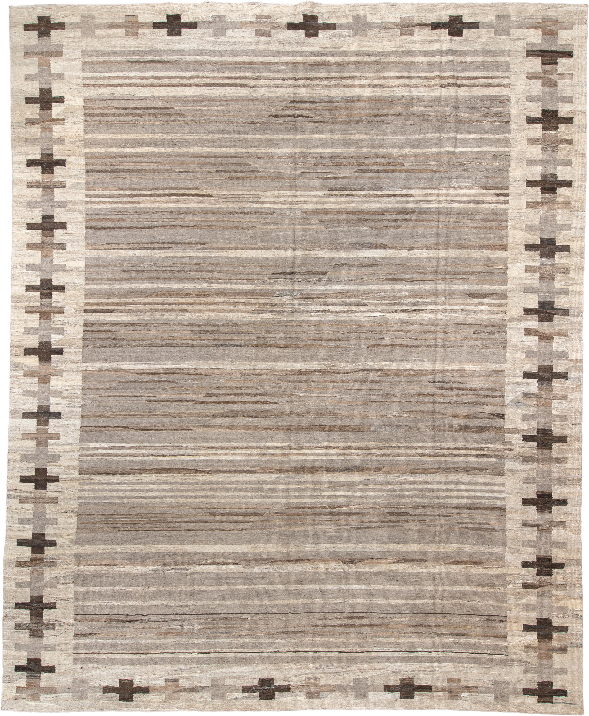 13' x 16' one-of-a-kind handmade vintage Kilim oversize rug. Color palette: taupe, ivory, cream, brown, beige, charcoal