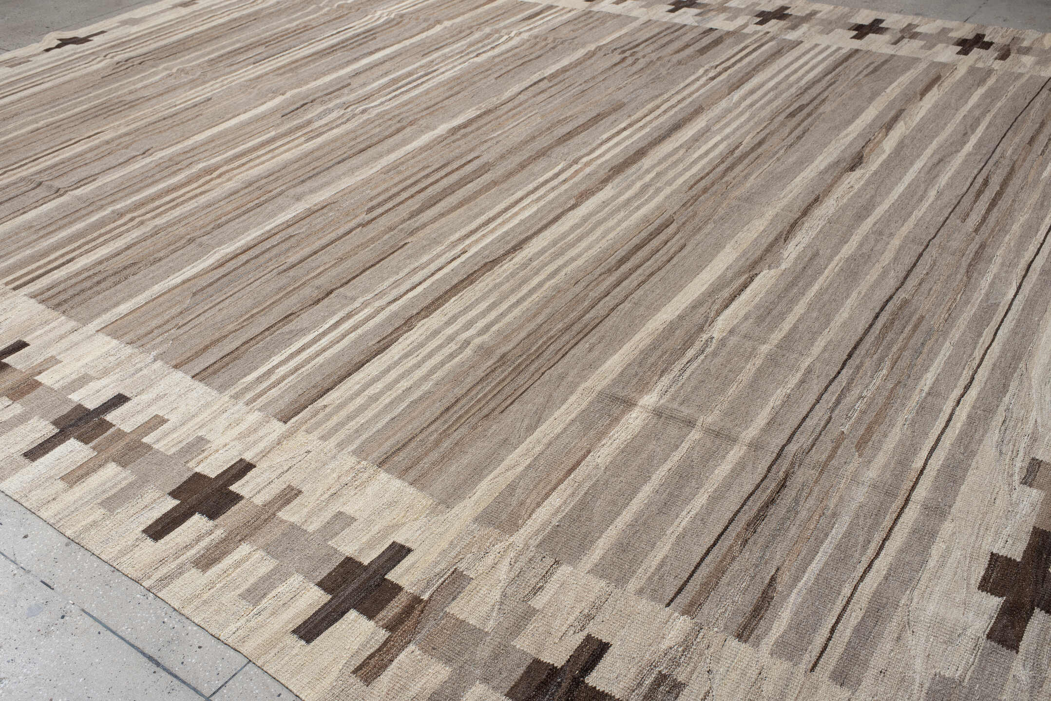 13' x 16' one-of-a-kind handmade vintage Kilim oversize rug. Color palette: taupe, ivory, cream, brown, beige, charcoal