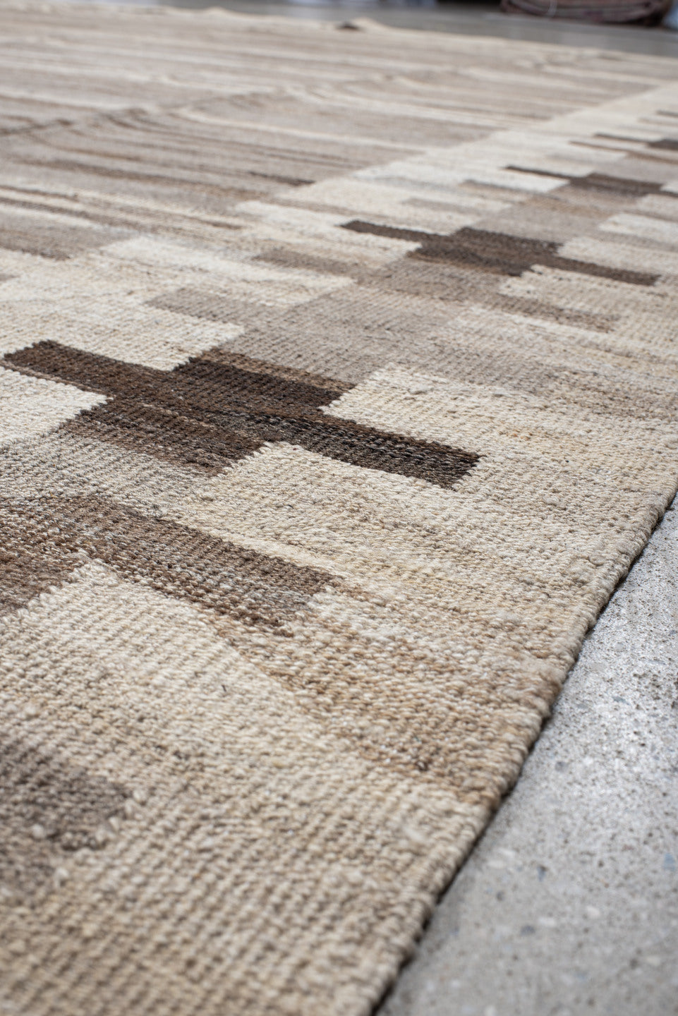13' x 16' one-of-a-kind handmade vintage Kilim oversize rug. Color palette: taupe, ivory, cream, brown, beige, charcoal