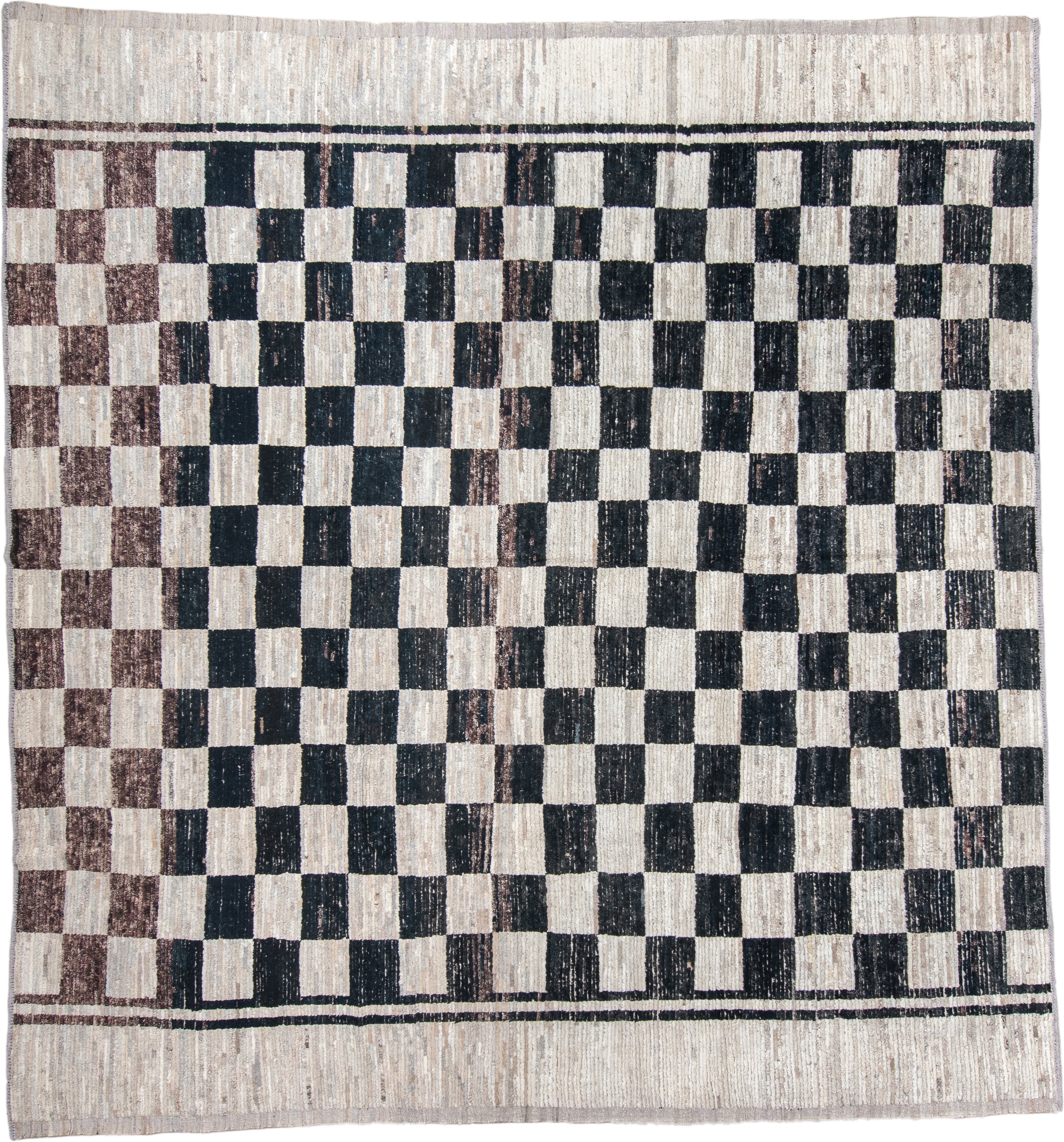 11' x 12' one-of-a-kind handmade vintage Tulu oversize rug. Color palette: ivory, charcoal, taupe, brown, gray, black, beige