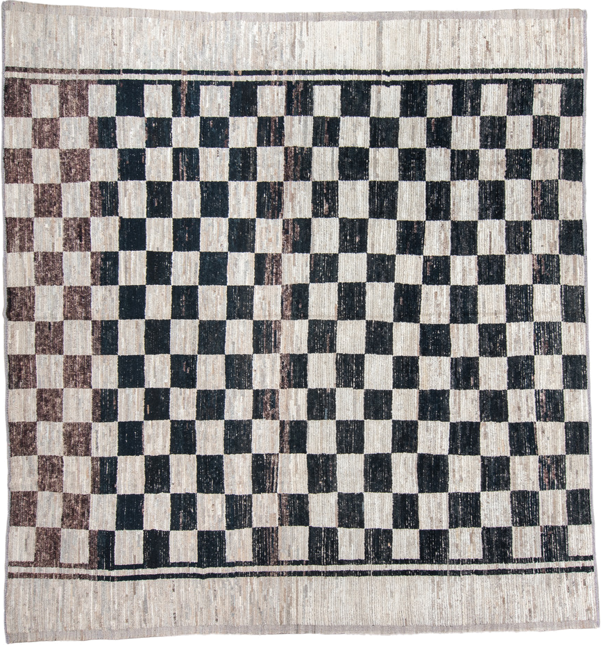 11' x 12' one-of-a-kind handmade vintage Tulu oversize rug. Color palette: ivory, charcoal, taupe, brown, gray, black, beige