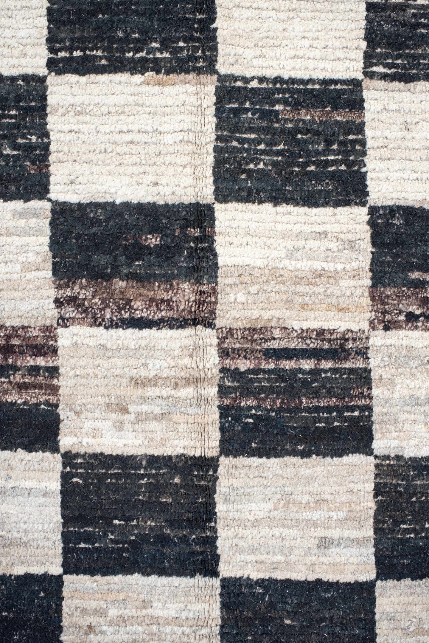 11' x 12' one-of-a-kind handmade vintage Tulu oversize rug. Color palette: ivory, charcoal, taupe, brown, gray, black, beige