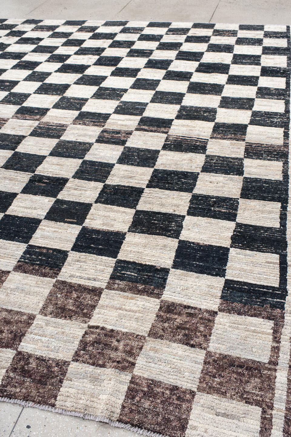 11' x 12' one-of-a-kind handmade vintage Tulu oversize rug. Color palette: ivory, charcoal, taupe, brown, gray, black, beige