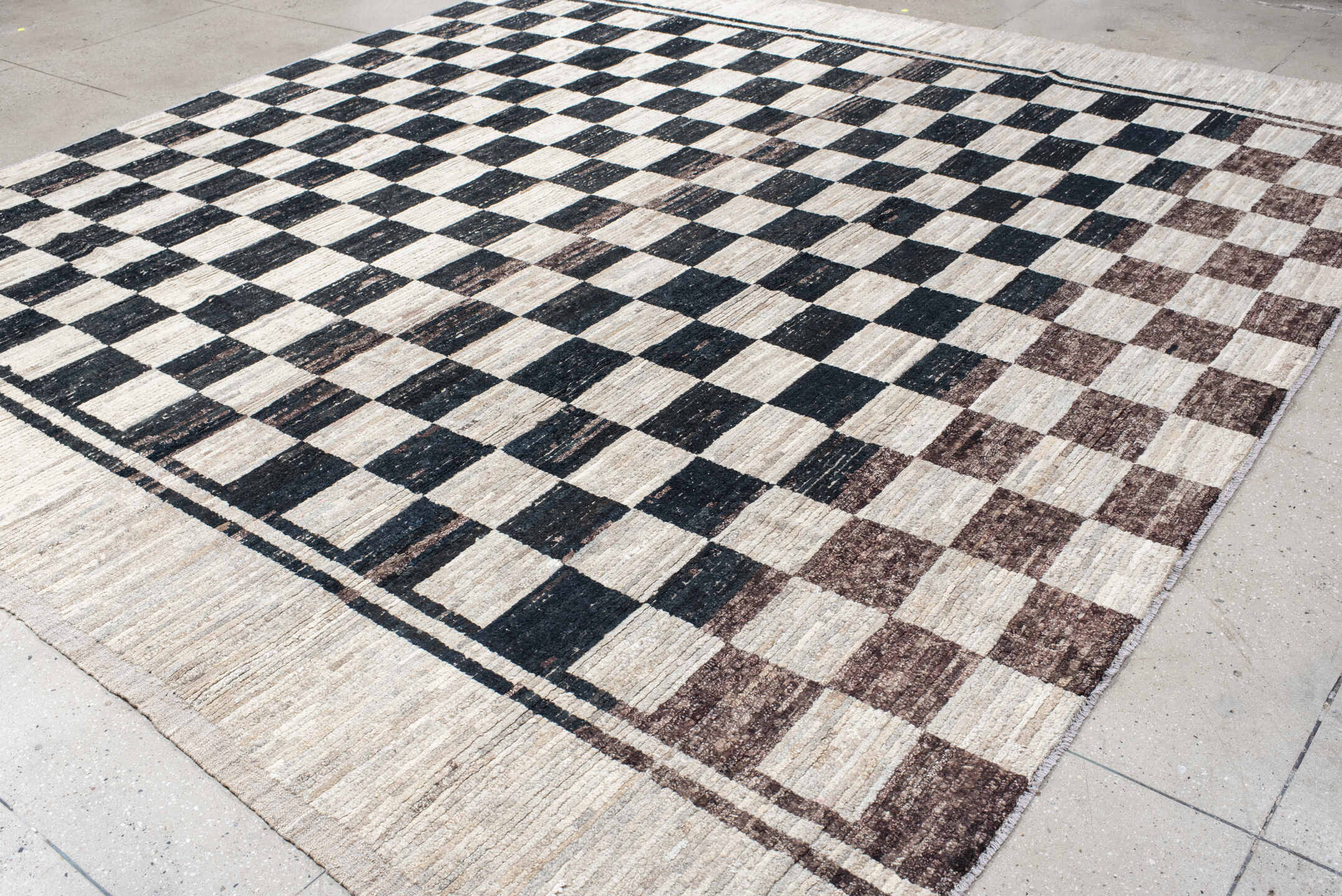 11' x 12' one-of-a-kind handmade vintage Tulu oversize rug. Color palette: ivory, charcoal, taupe, brown, gray, black, beige