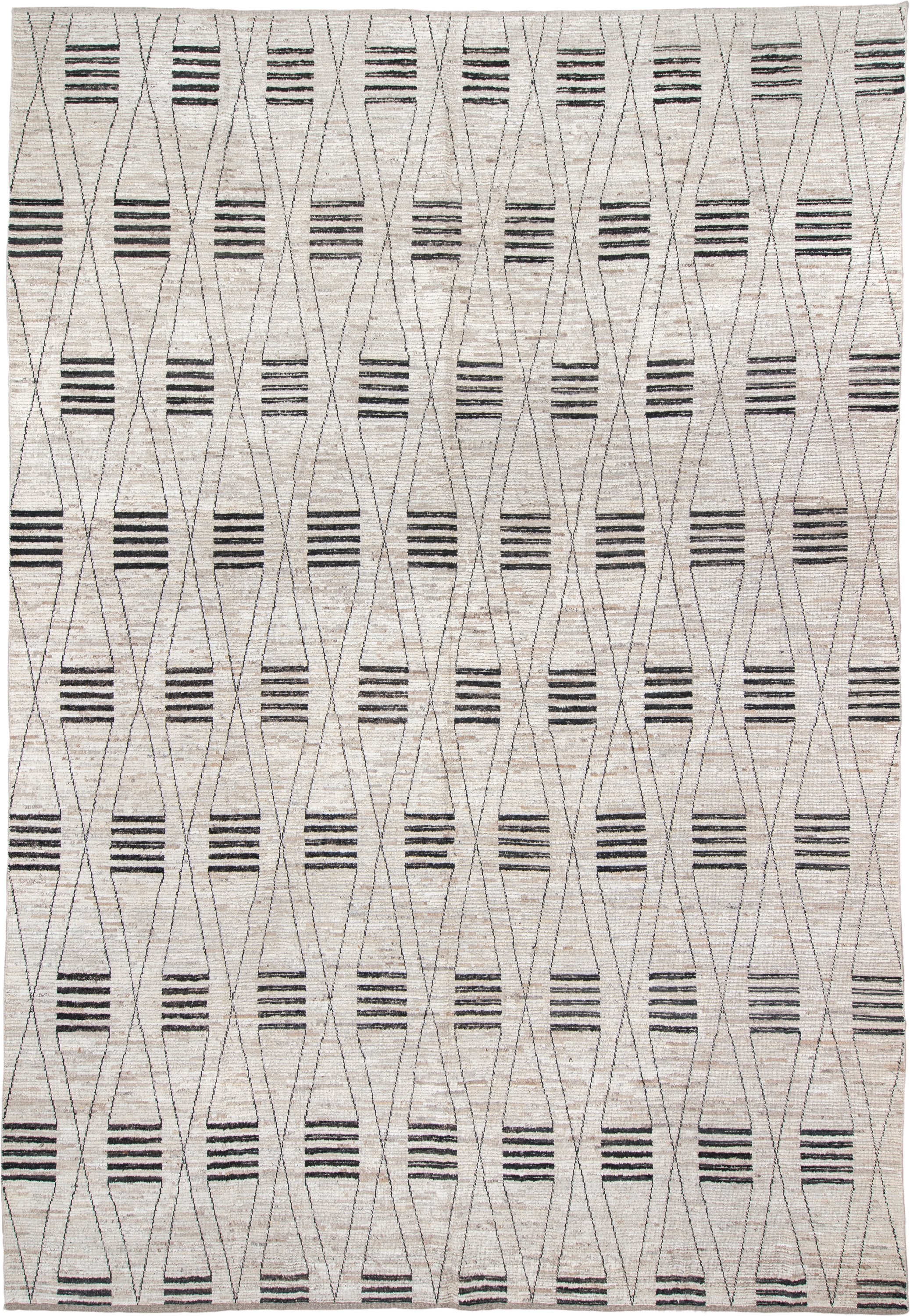 12' x 17' one-of-a-kind handmade vintage Tulu oversize rug. Color palette: ivory, charcoal, taupe, gray, black, beige