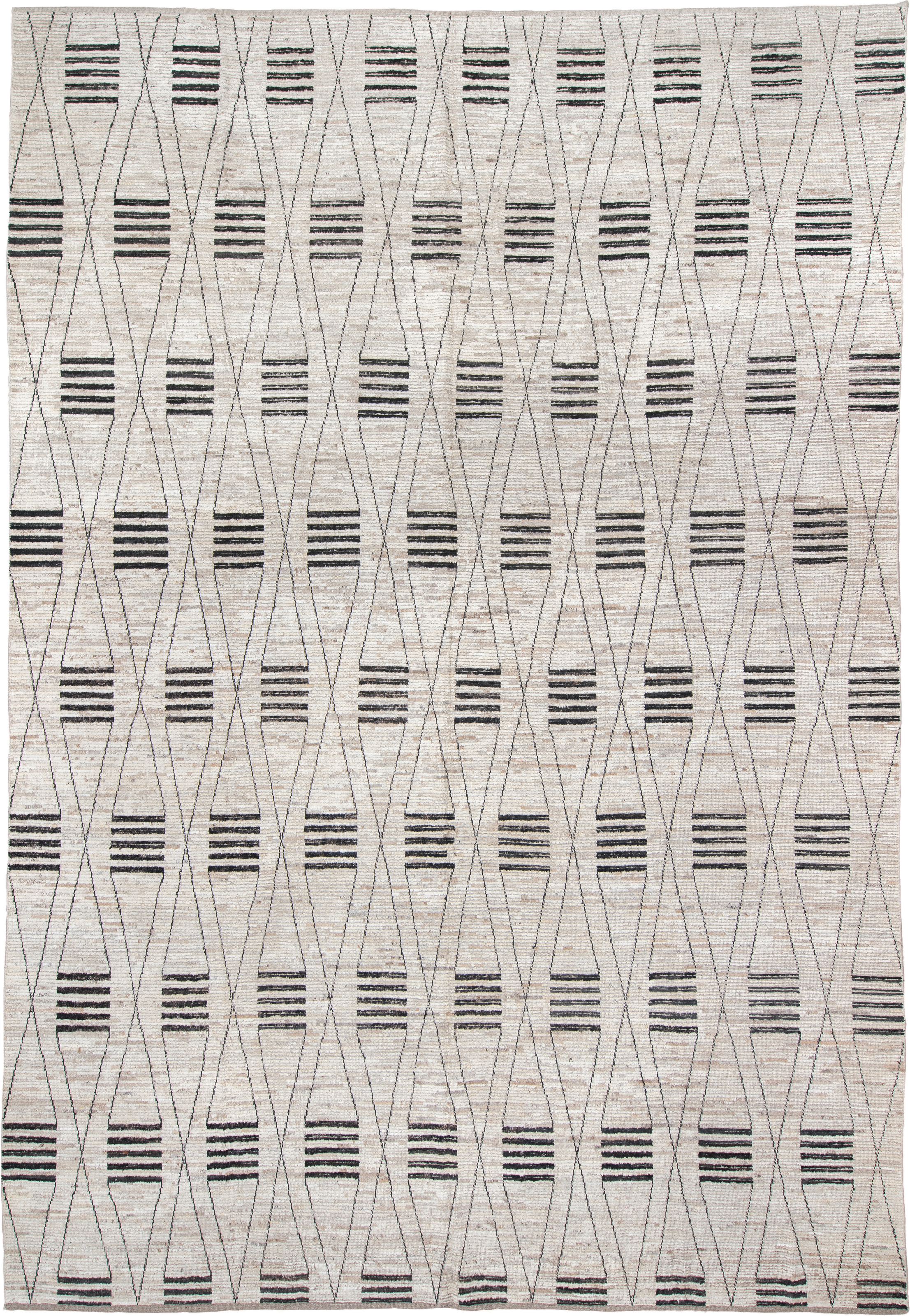12' x 17' one-of-a-kind handmade vintage Tulu oversize rug. Color palette: ivory, charcoal, taupe, gray, black, beige
