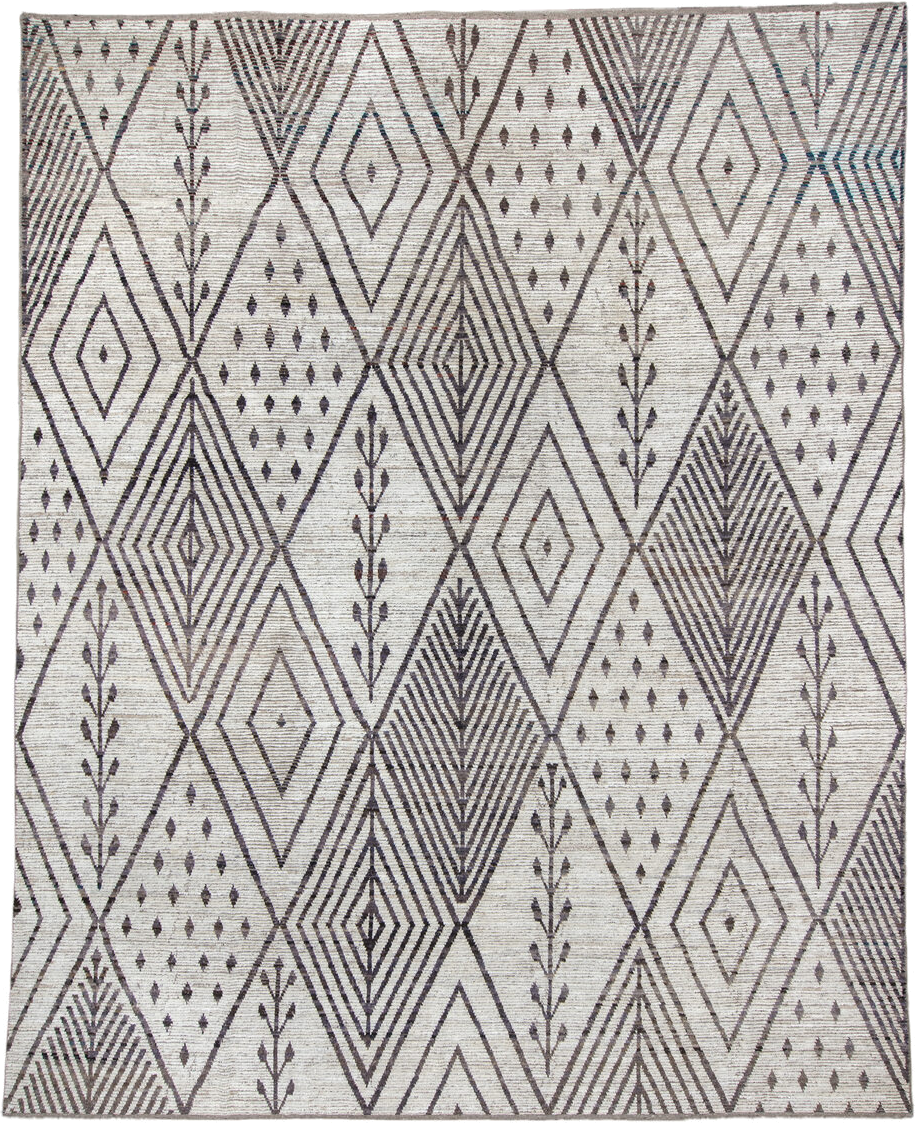 12' x 15' one-of-a-kind handmade vintage Tulu oversize rug. Color palette: ivory, charcoal, taupe, brown, gray, black, beige