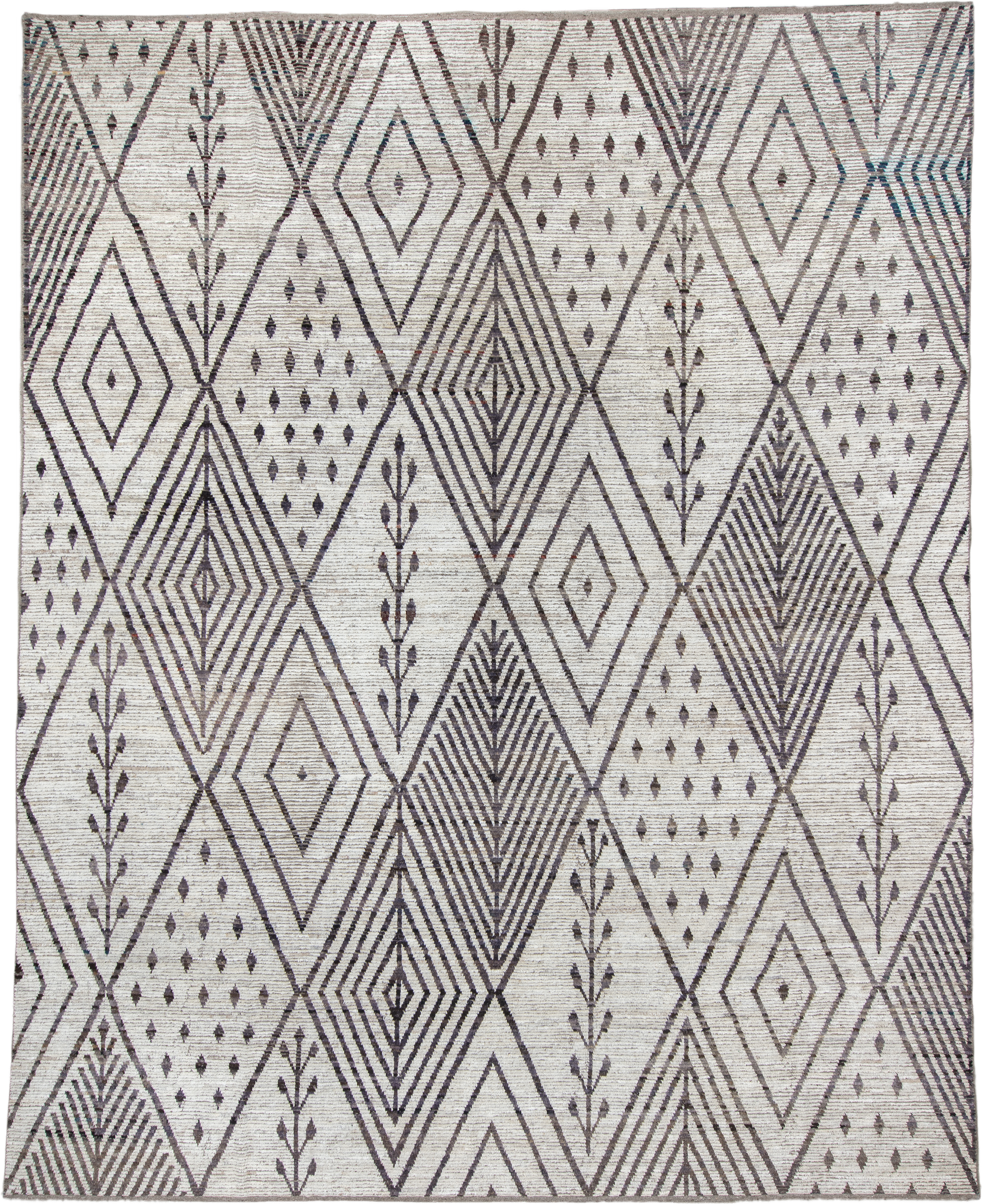 12' x 15' one-of-a-kind handmade vintage Tulu oversize rug. Color palette: ivory, charcoal, taupe, brown, gray, black, beige