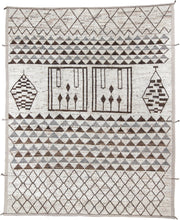 12' x 15' one-of-a-kind handmade vintage Tulu oversize rug. Color palette: ivory, brown, gray, taupe, beige