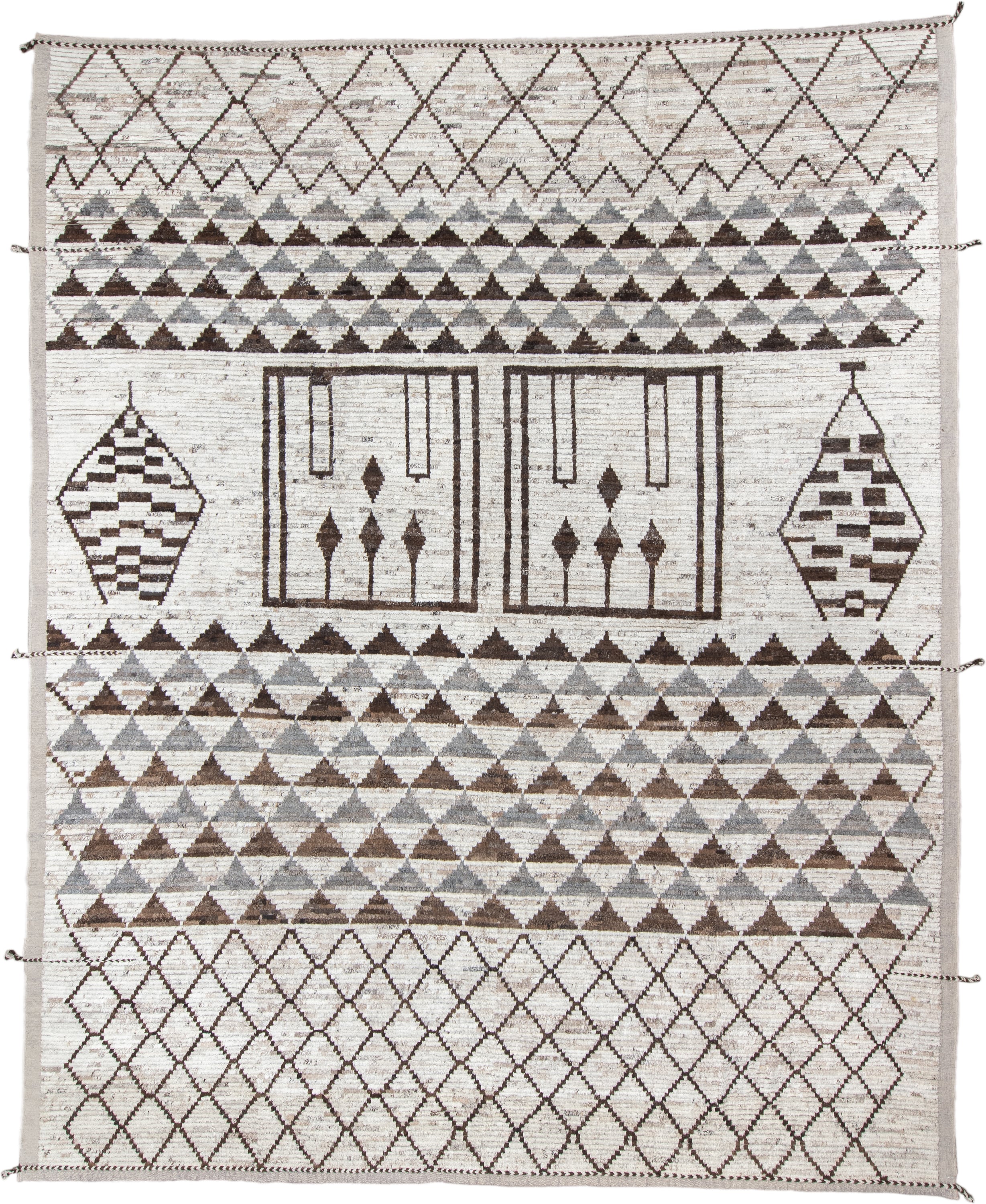 12' x 15' one-of-a-kind handmade vintage Tulu oversize rug. Color palette: ivory, brown, gray, taupe, beige