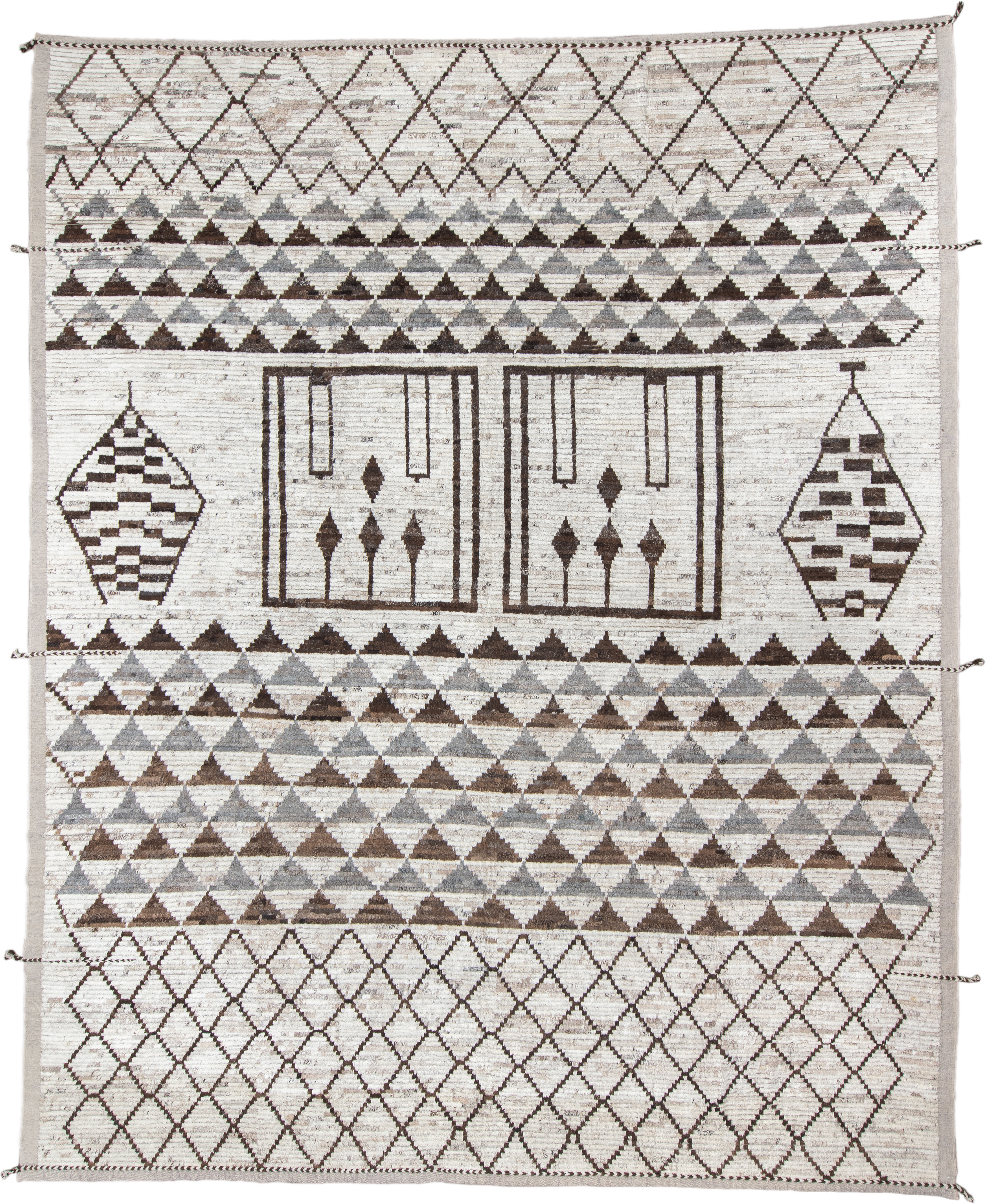 12' x 15' one-of-a-kind handmade vintage Tulu oversize rug. Color palette: ivory, brown, gray, taupe, beige