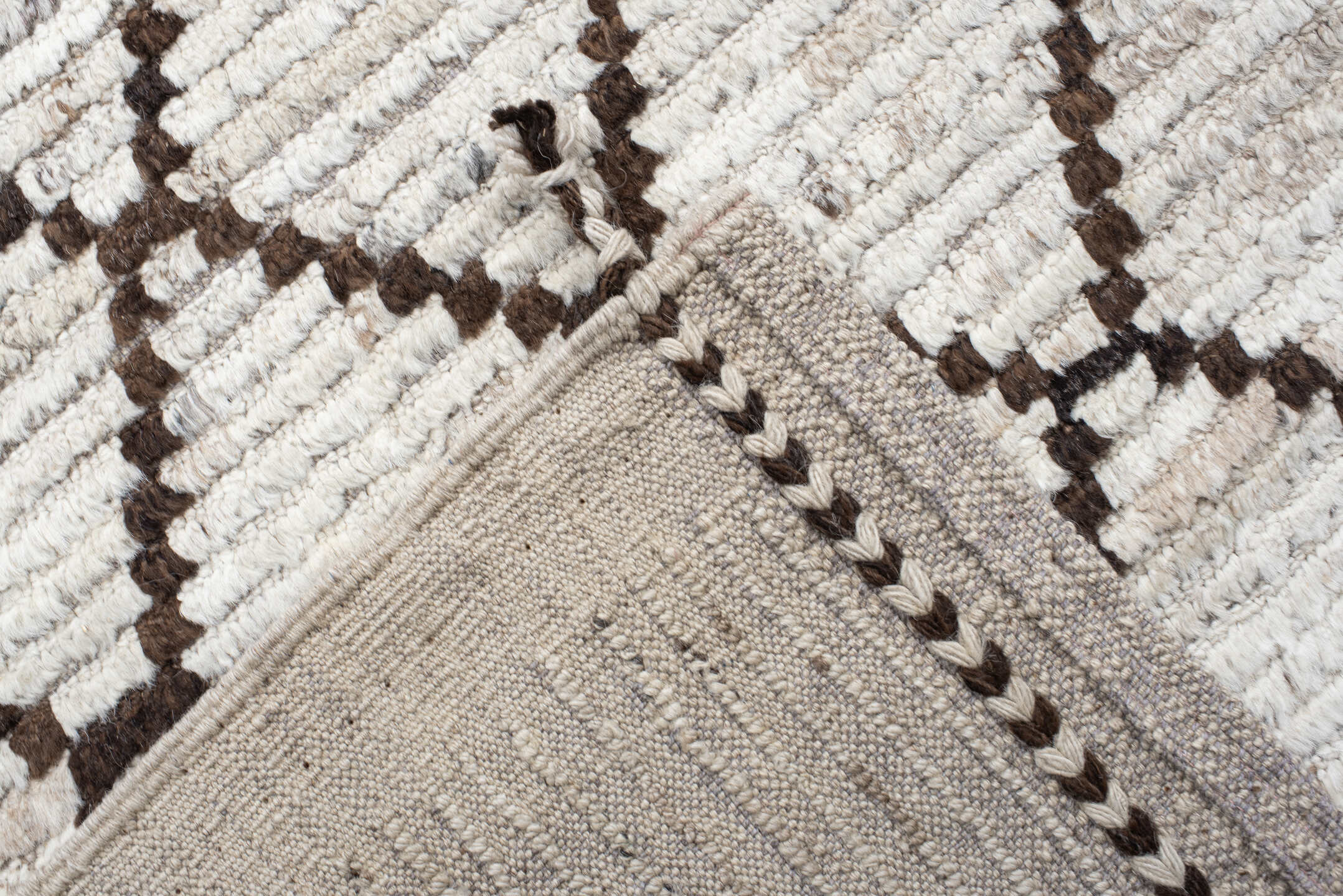 12' x 15' one-of-a-kind handmade vintage Tulu oversize rug. Color palette: ivory, brown, gray, taupe, beige