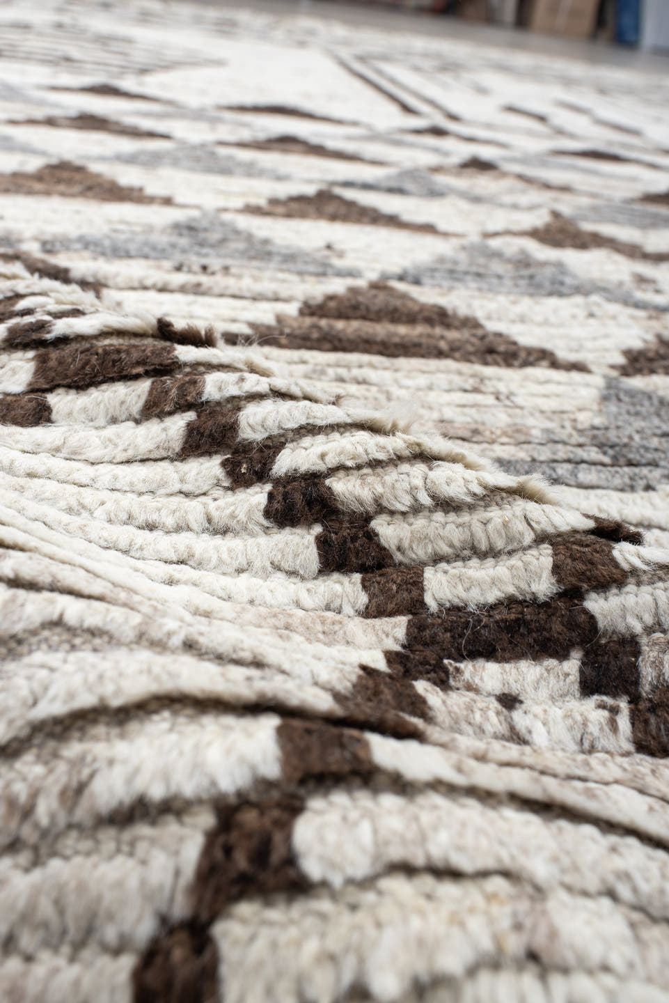 12' x 15' one-of-a-kind handmade vintage Tulu oversize rug. Color palette: ivory, brown, gray, taupe, beige
