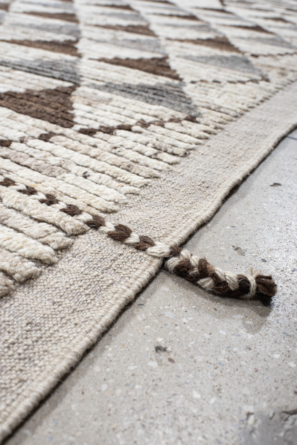 12' x 15' one-of-a-kind handmade vintage Tulu oversize rug. Color palette: ivory, brown, gray, taupe, beige