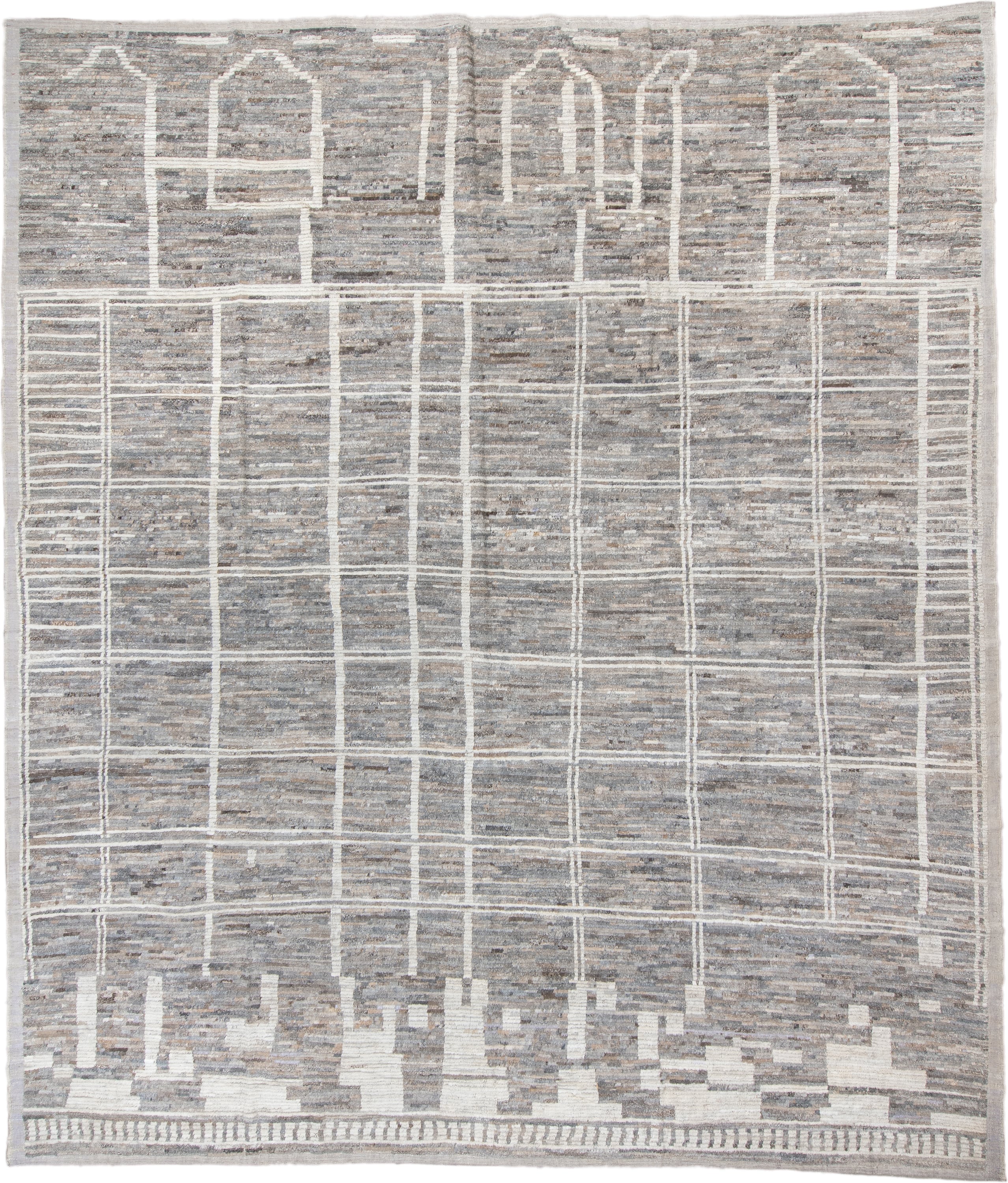 13' x 15' one-of-a-kind handmade vintage Tulu oversize rug. Color palette: gray, ivory, taupe, cream, greige, beige