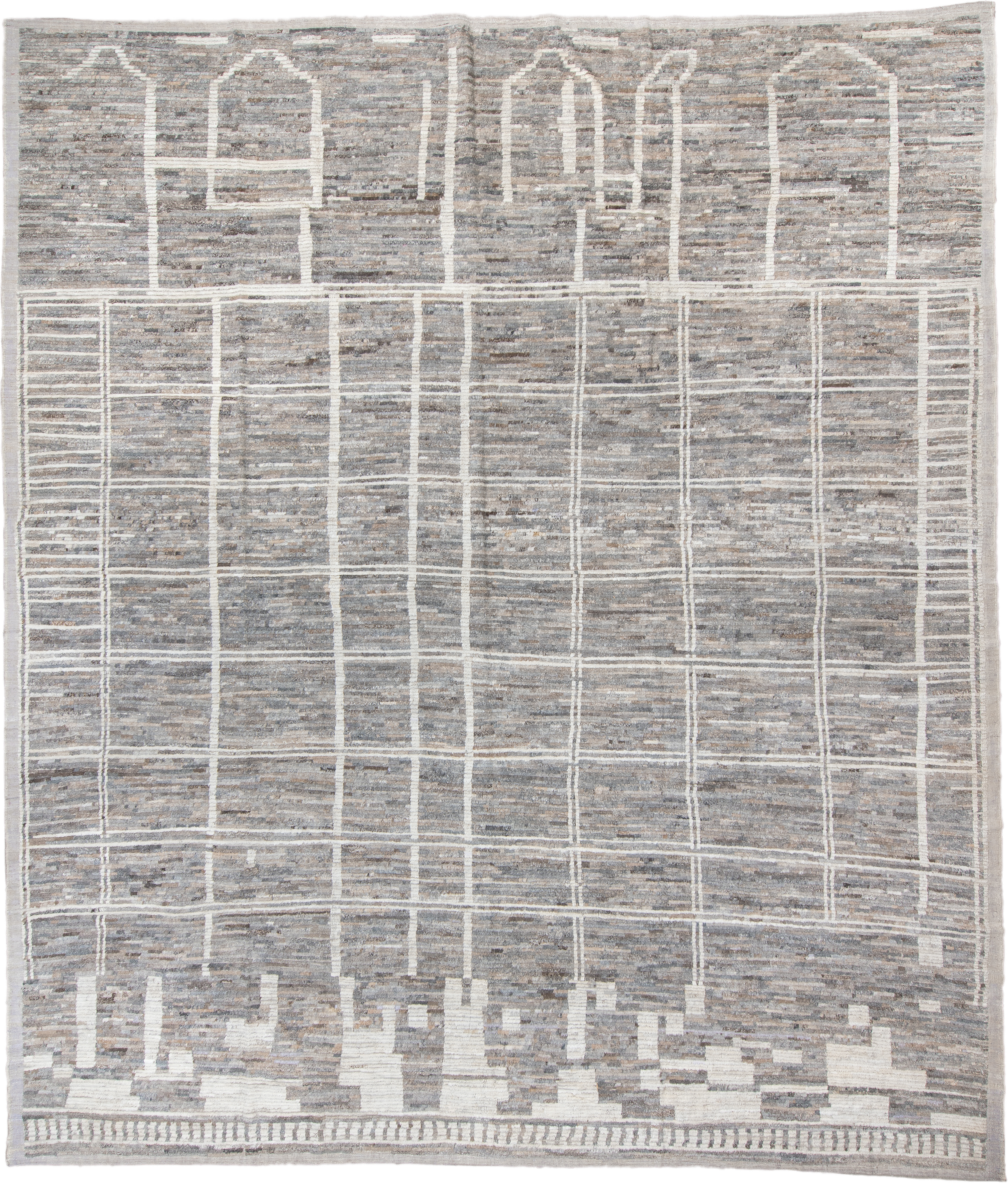 13' x 15' one-of-a-kind handmade vintage Tulu oversize rug. Color palette: gray, ivory, taupe, cream, greige, beige