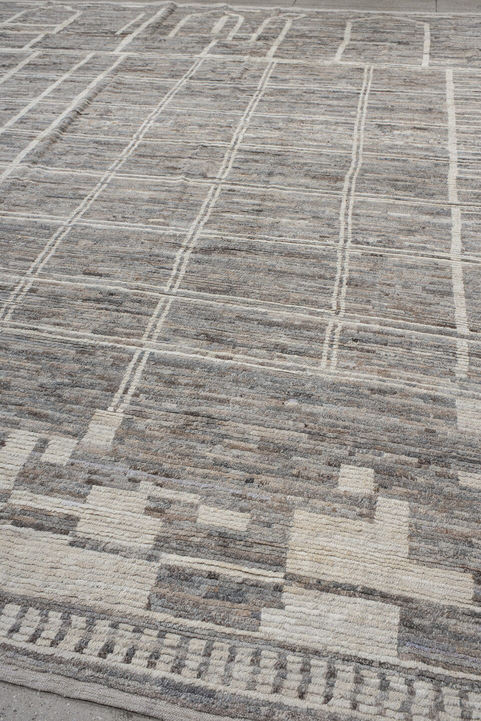 13' x 15' one-of-a-kind handmade vintage Tulu oversize rug. Color palette: gray, ivory, taupe, cream, greige, beige