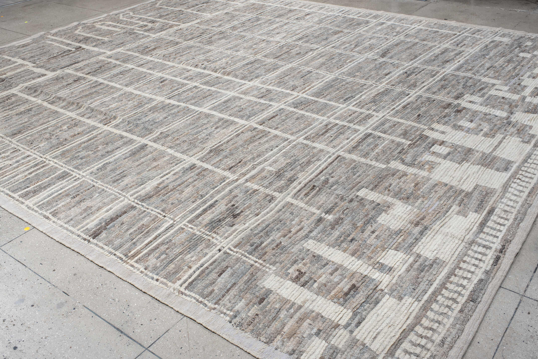 13' x 15' one-of-a-kind handmade vintage Tulu oversize rug. Color palette: gray, ivory, taupe, cream, greige, beige