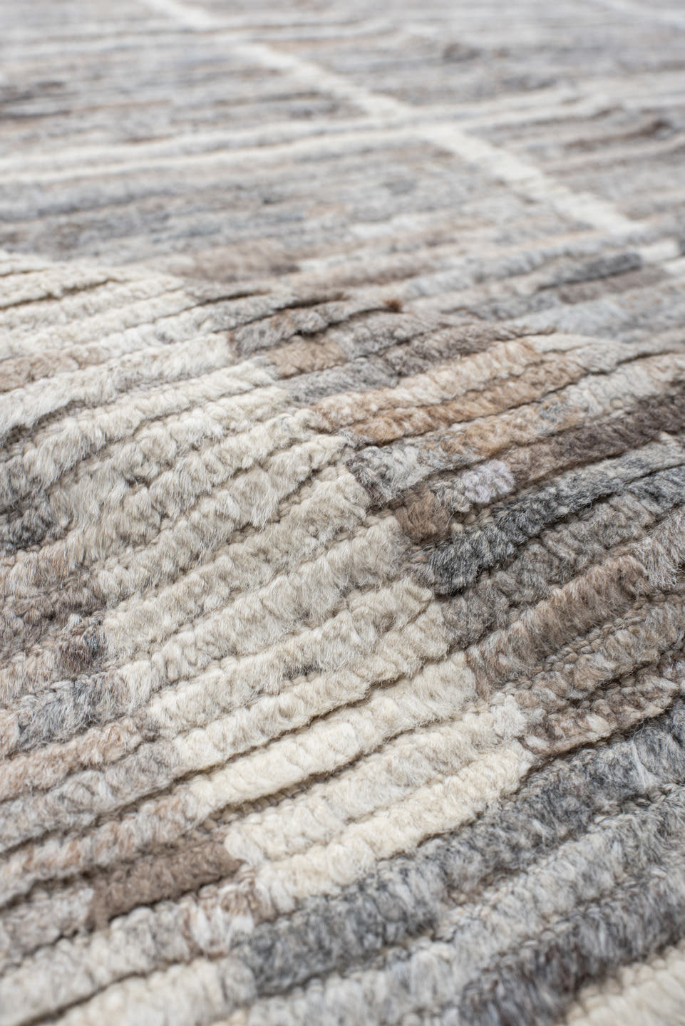 13' x 15' one-of-a-kind handmade vintage Tulu oversize rug. Color palette: gray, ivory, taupe, cream, greige, beige