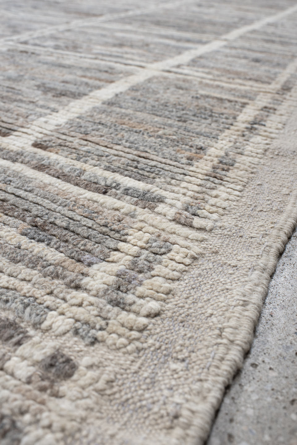 13' x 15' one-of-a-kind handmade vintage Tulu oversize rug. Color palette: gray, ivory, taupe, cream, greige, beige
