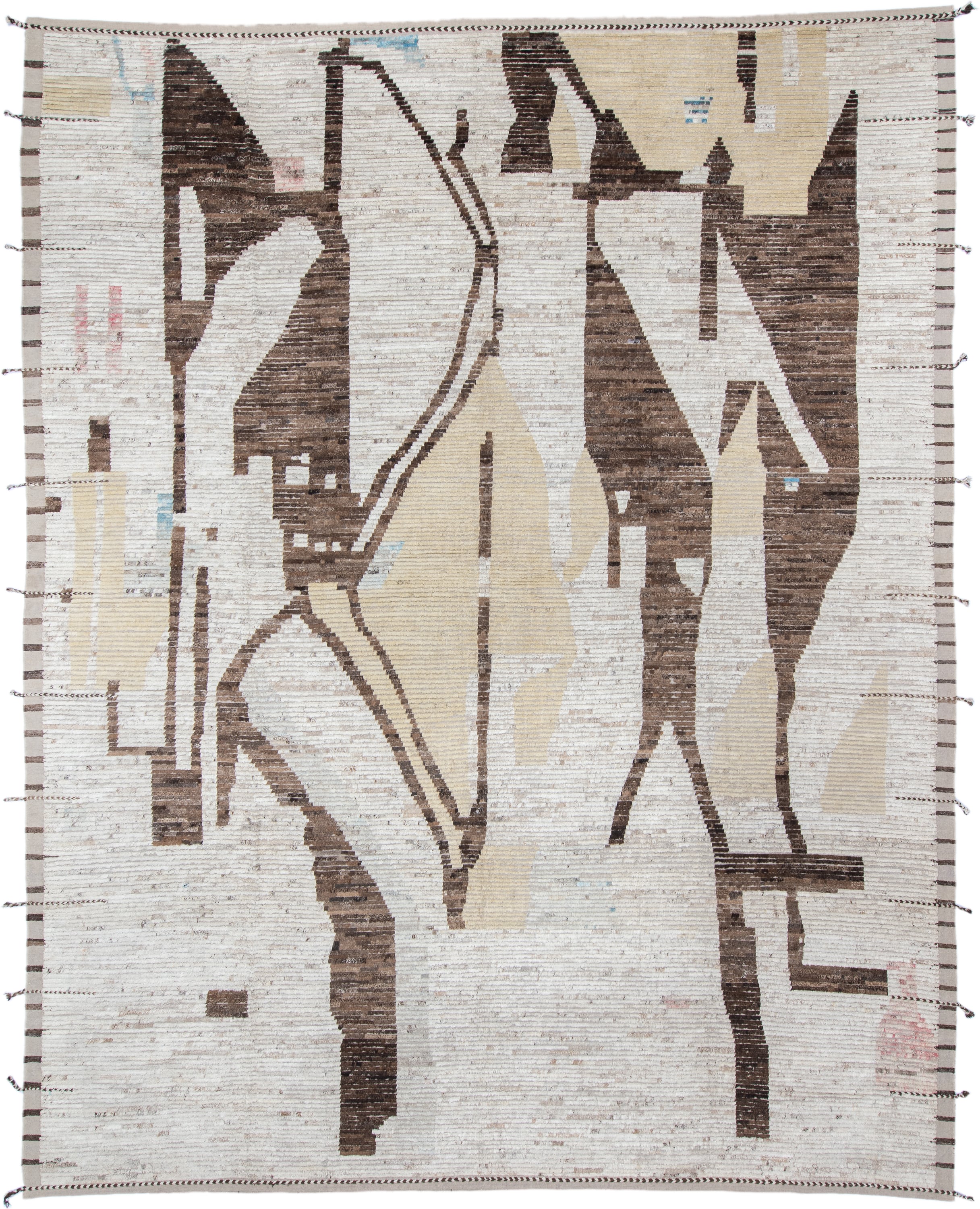 13' x 17' one-of-a-kind handmade vintage Tulu oversize rug. Color palette: ivory, brown, camel, taupe, cream, blush