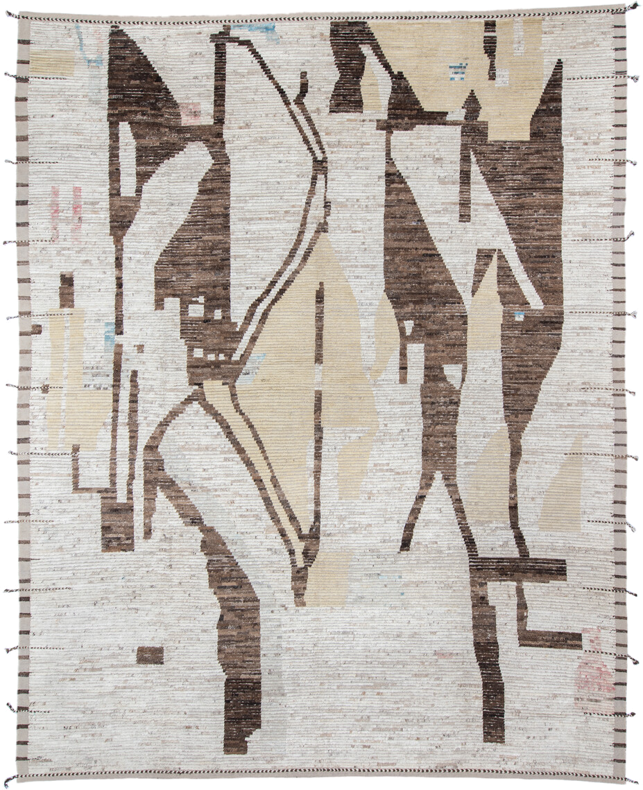 13' x 17' one-of-a-kind handmade vintage Tulu oversize rug. Color palette: ivory, brown, camel, taupe, cream, blush