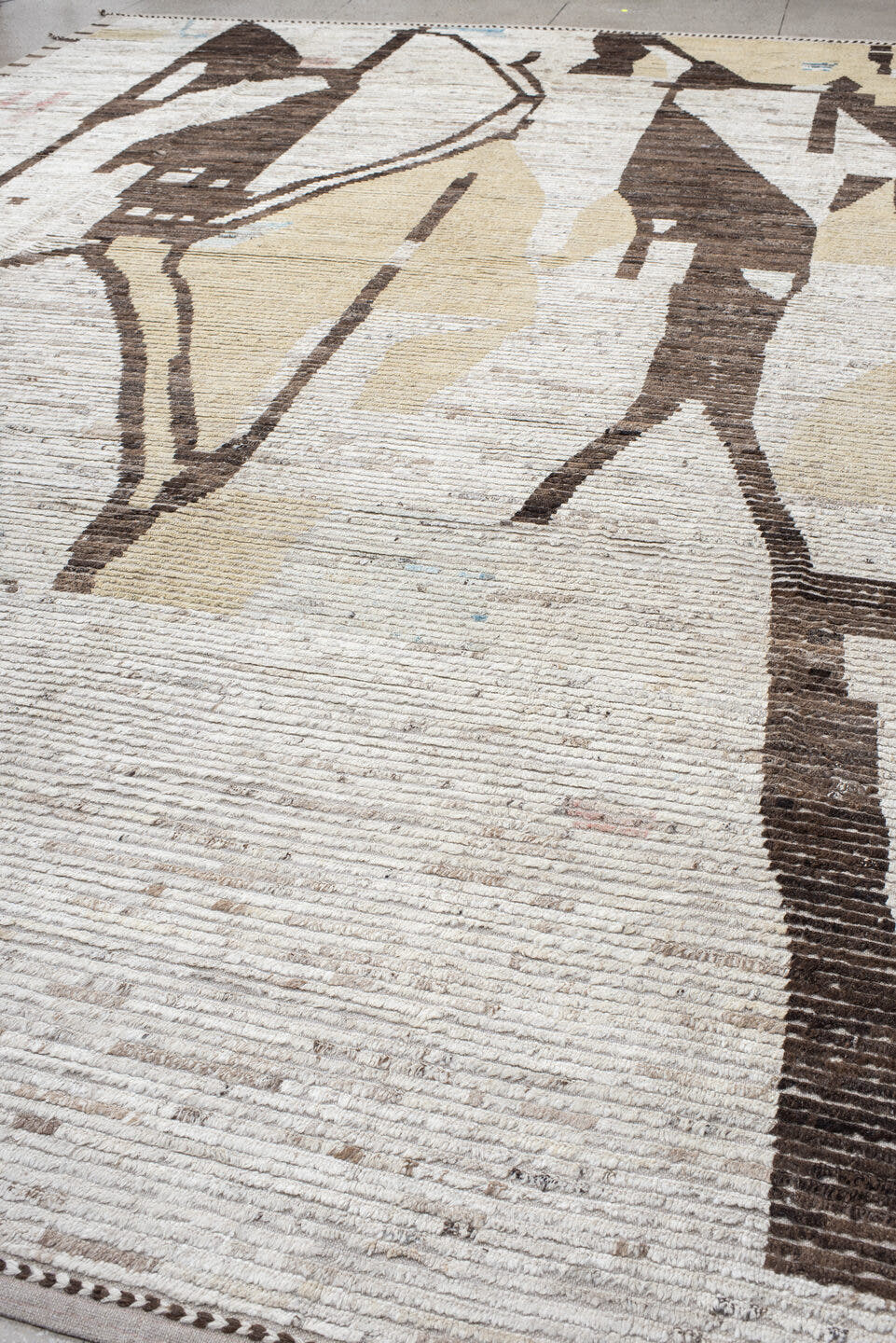 13' x 17' one-of-a-kind handmade vintage Tulu oversize rug. Color palette: ivory, brown, camel, taupe, cream, blush