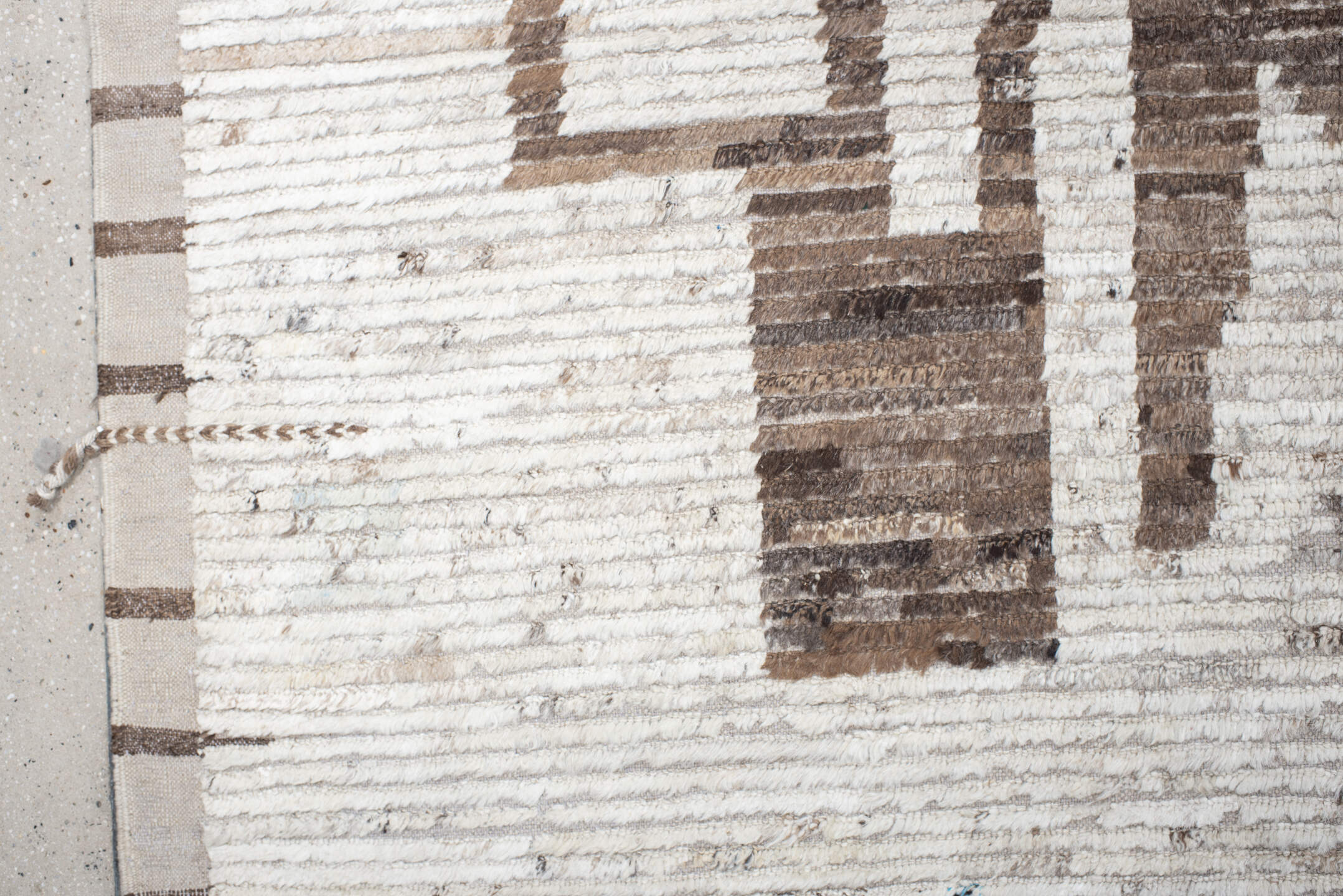 13' x 17' one-of-a-kind handmade vintage Tulu oversize rug. Color palette: ivory, brown, camel, taupe, cream, blush