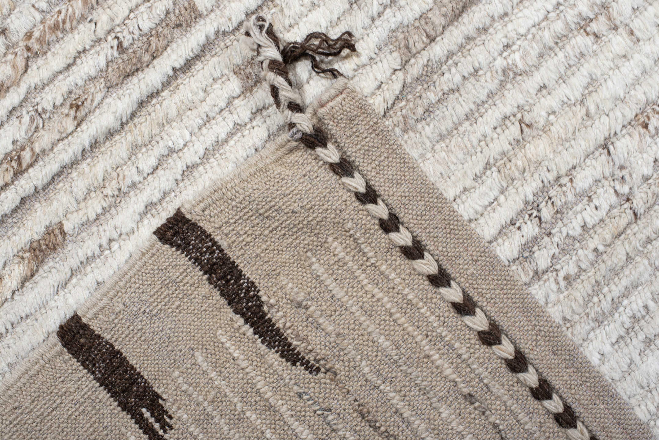 13' x 17' one-of-a-kind handmade vintage Tulu oversize rug. Color palette: ivory, brown, camel, taupe, cream, blush