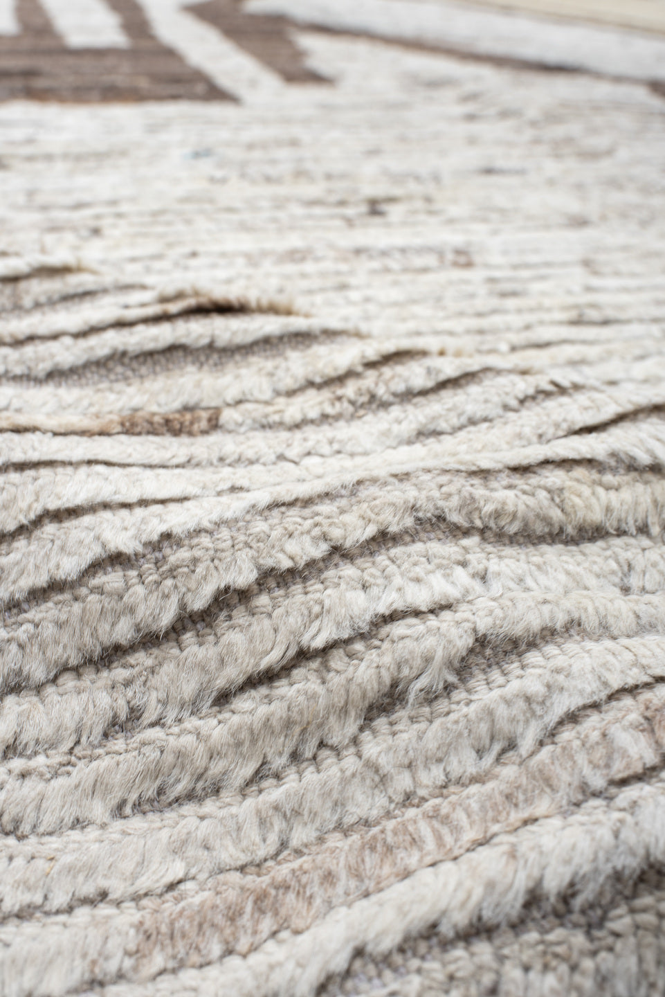 13' x 17' one-of-a-kind handmade vintage Tulu oversize rug. Color palette: ivory, brown, camel, taupe, cream, blush