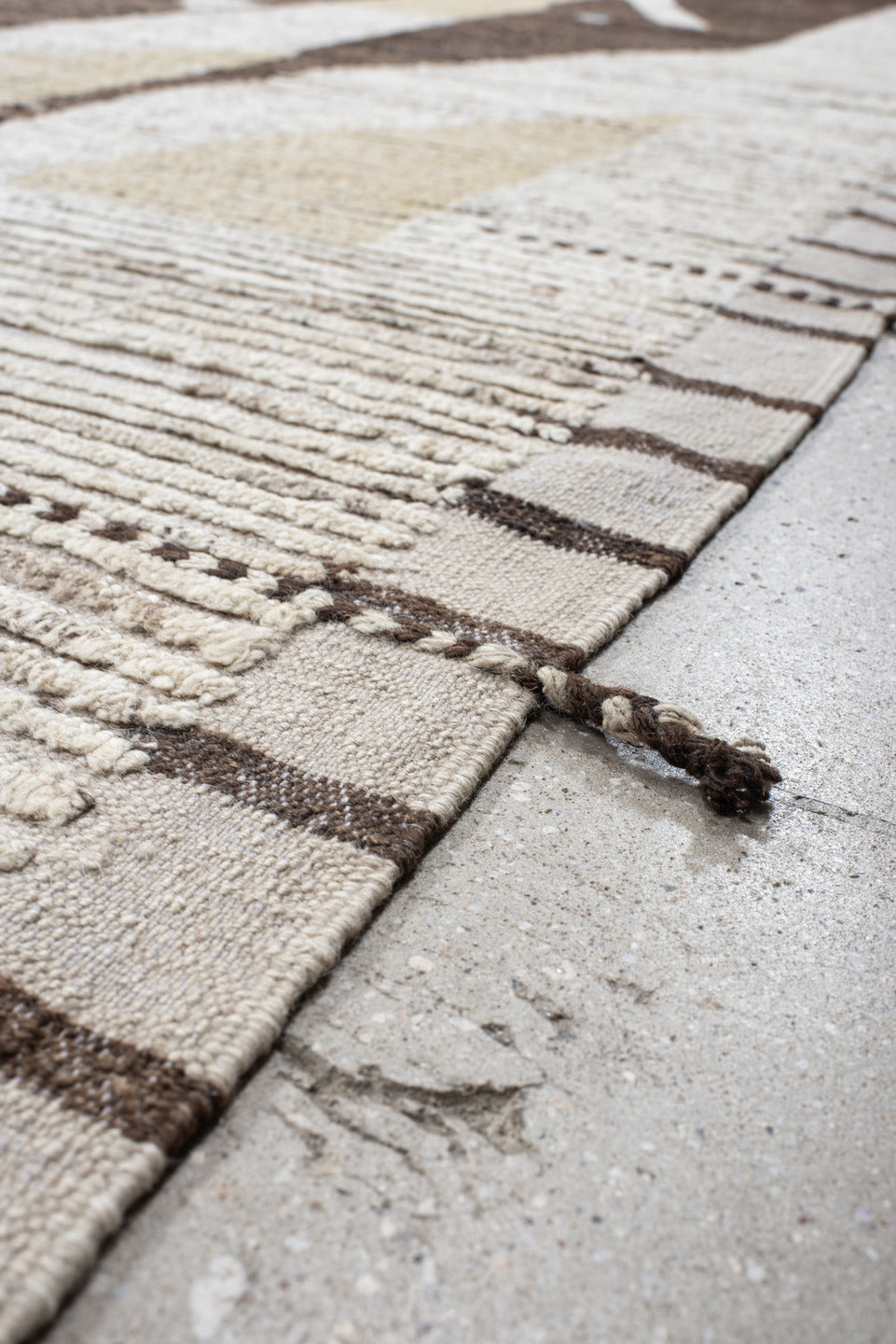 13' x 17' one-of-a-kind handmade vintage Tulu oversize rug. Color palette: ivory, brown, camel, taupe, cream, blush