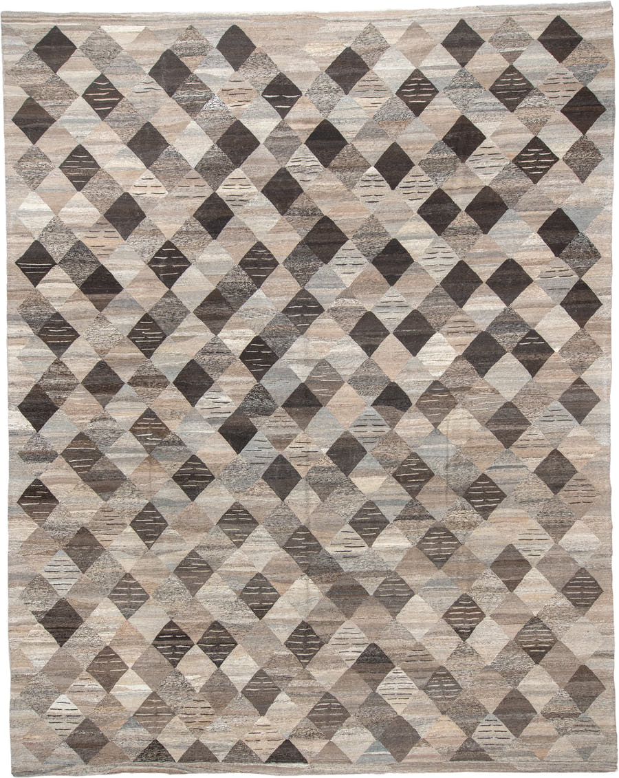 12' x 16' one-of-a-kind handmade vintage Kilim oversize rug. Color palette: taupe, ivory, charcoal, beige, gray, cream