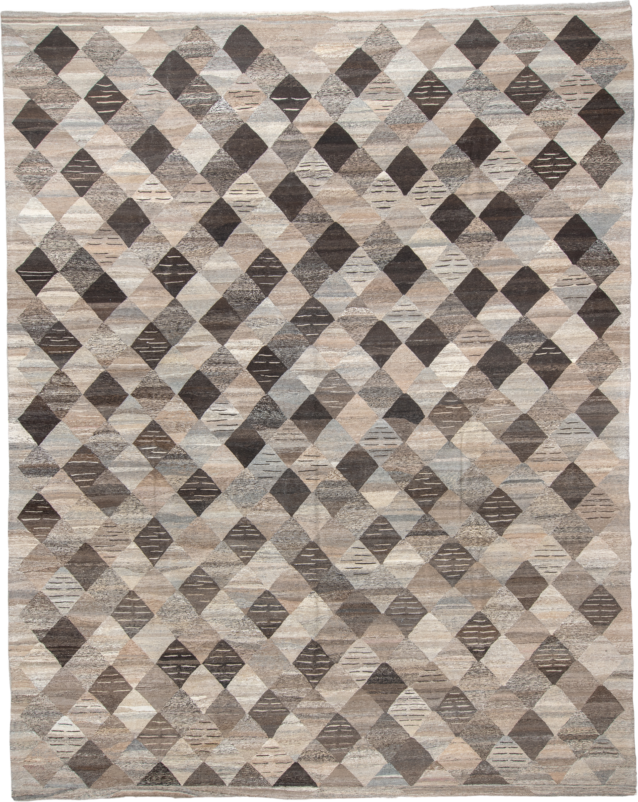 12' x 16' one-of-a-kind handmade vintage Kilim oversize rug. Color palette: taupe, ivory, charcoal, beige, gray, cream