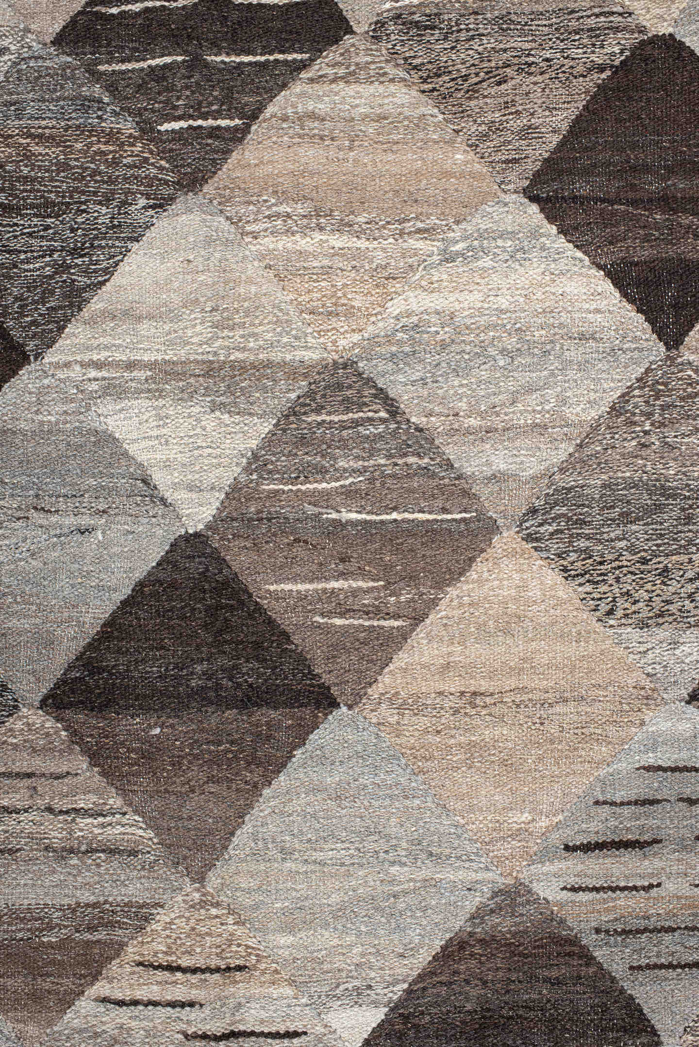 12' x 16' one-of-a-kind handmade vintage Kilim oversize rug. Color palette: taupe, ivory, charcoal, beige, gray, cream