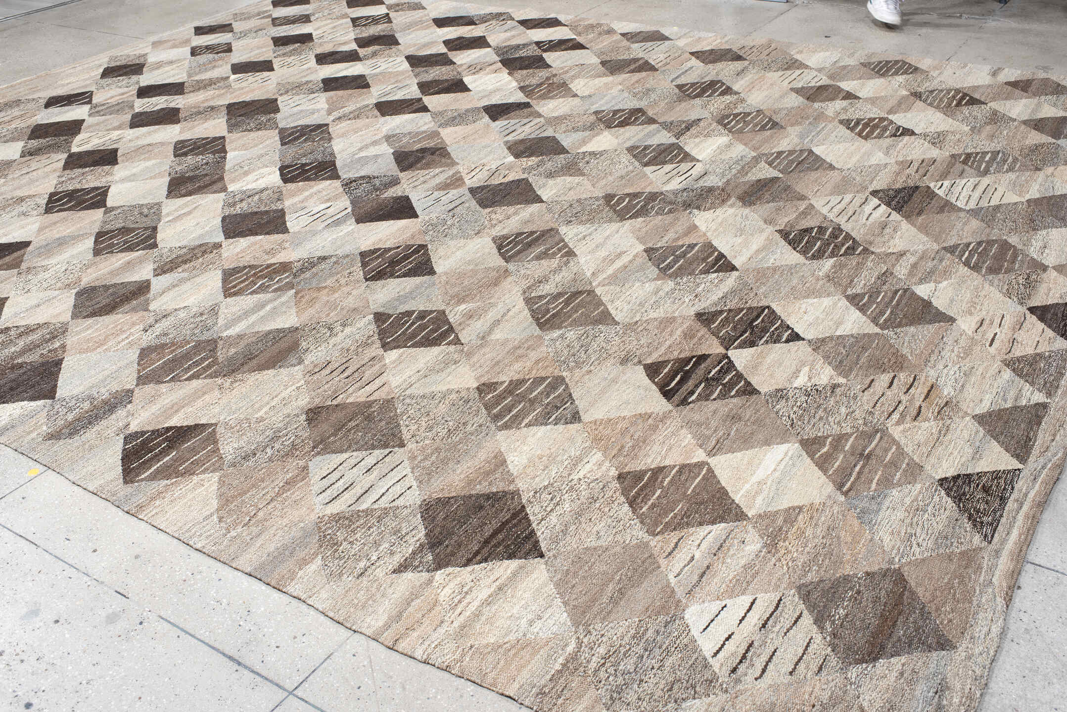 12' x 16' one-of-a-kind handmade vintage Kilim oversize rug. Color palette: taupe, ivory, charcoal, beige, gray, cream