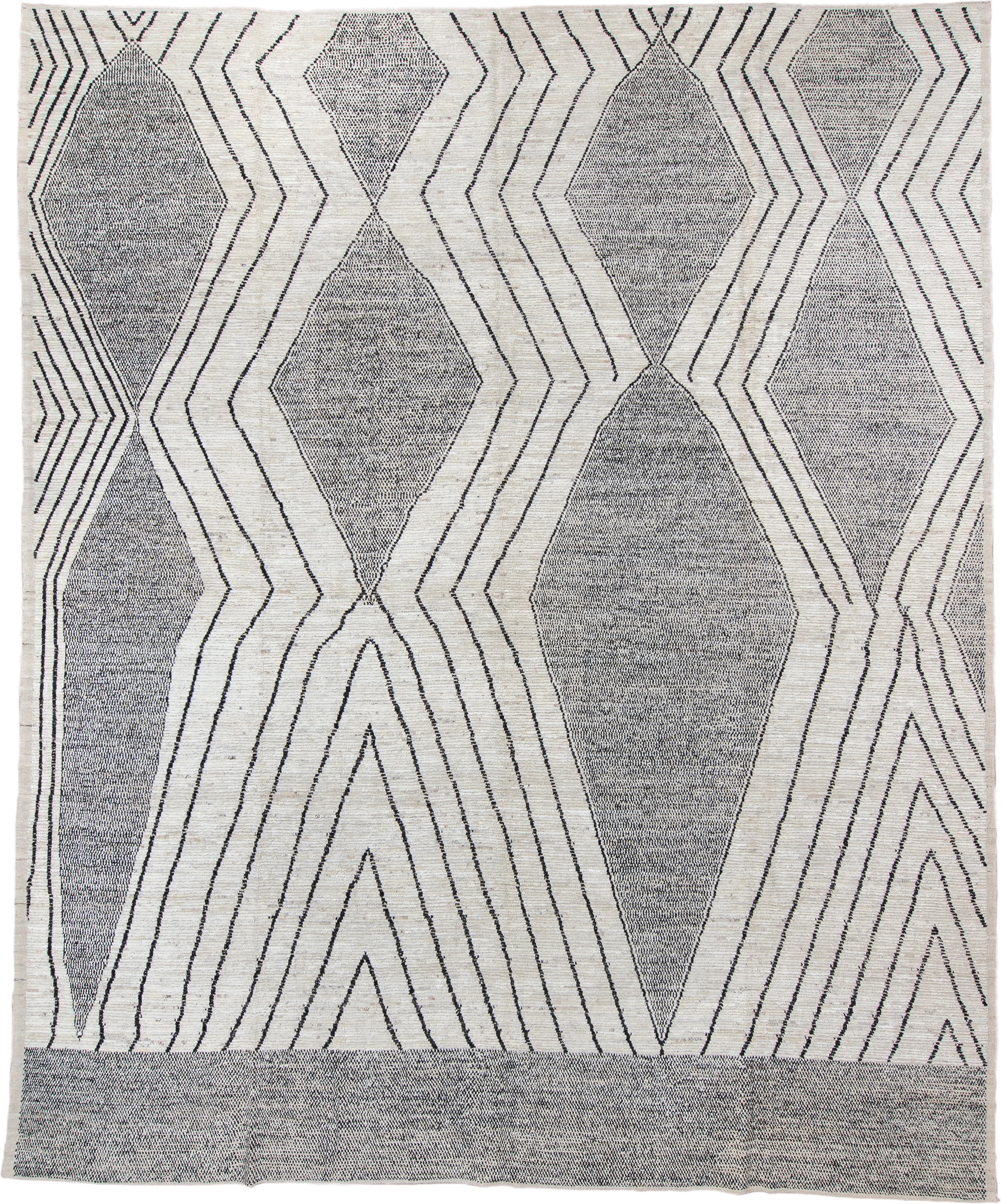 13' x 15' one-of-a-kind handmade vintage Tulu oversize rug. Color palette: ivory, charcoal, gray, black
