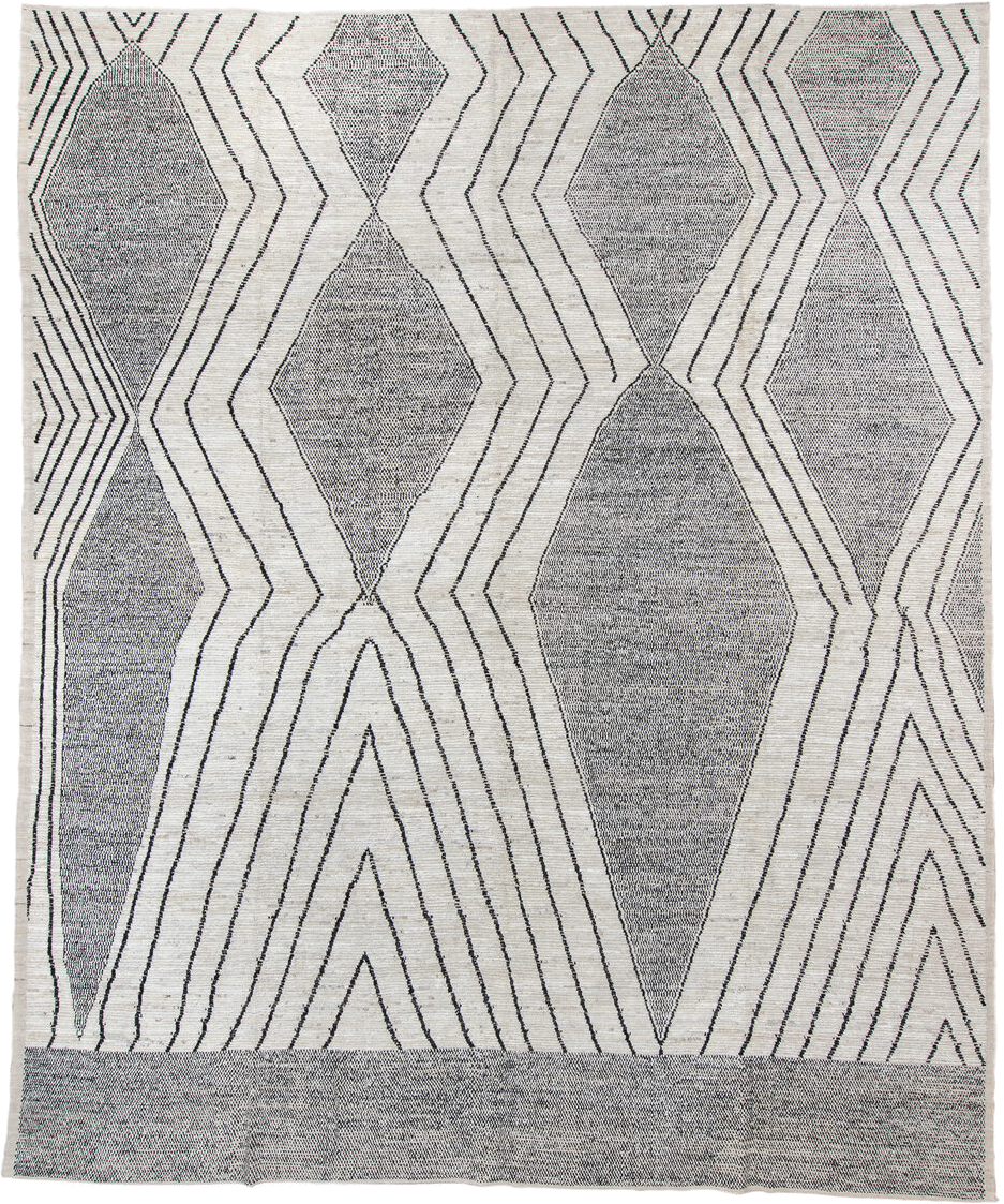 13' x 15' one-of-a-kind handmade vintage Tulu oversize rug. Color palette: ivory, charcoal, gray, black