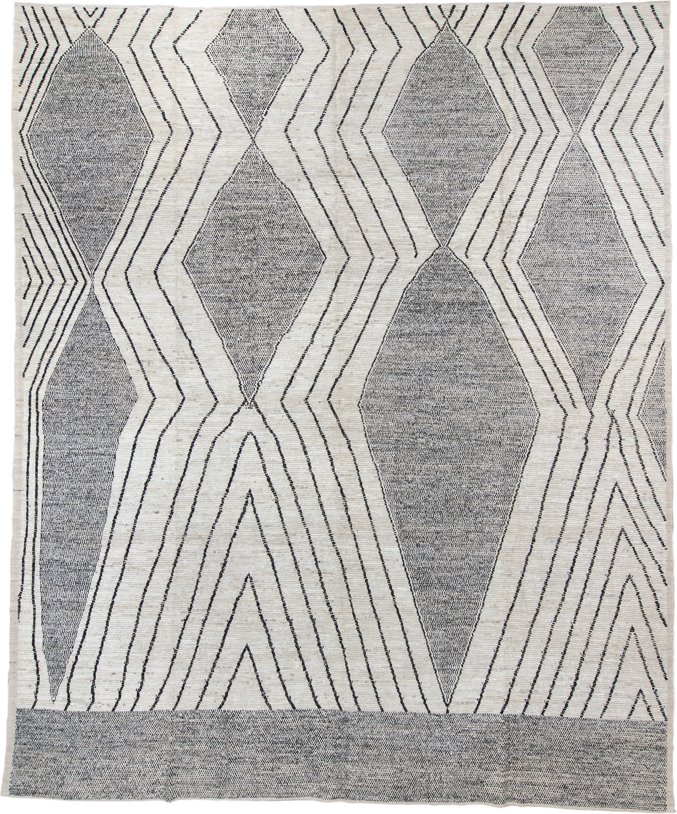 13' x 15' one-of-a-kind handmade vintage Tulu oversize rug. Color palette: ivory, charcoal, gray, black
