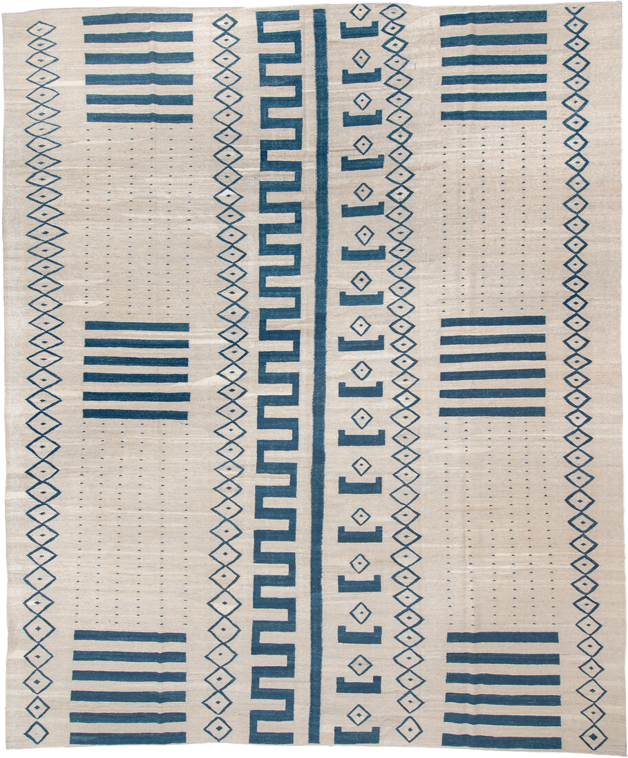 13' x 15' one-of-a-kind handmade vintage Kilim oversize rug. Color palette: ivory, teal, slate, gray