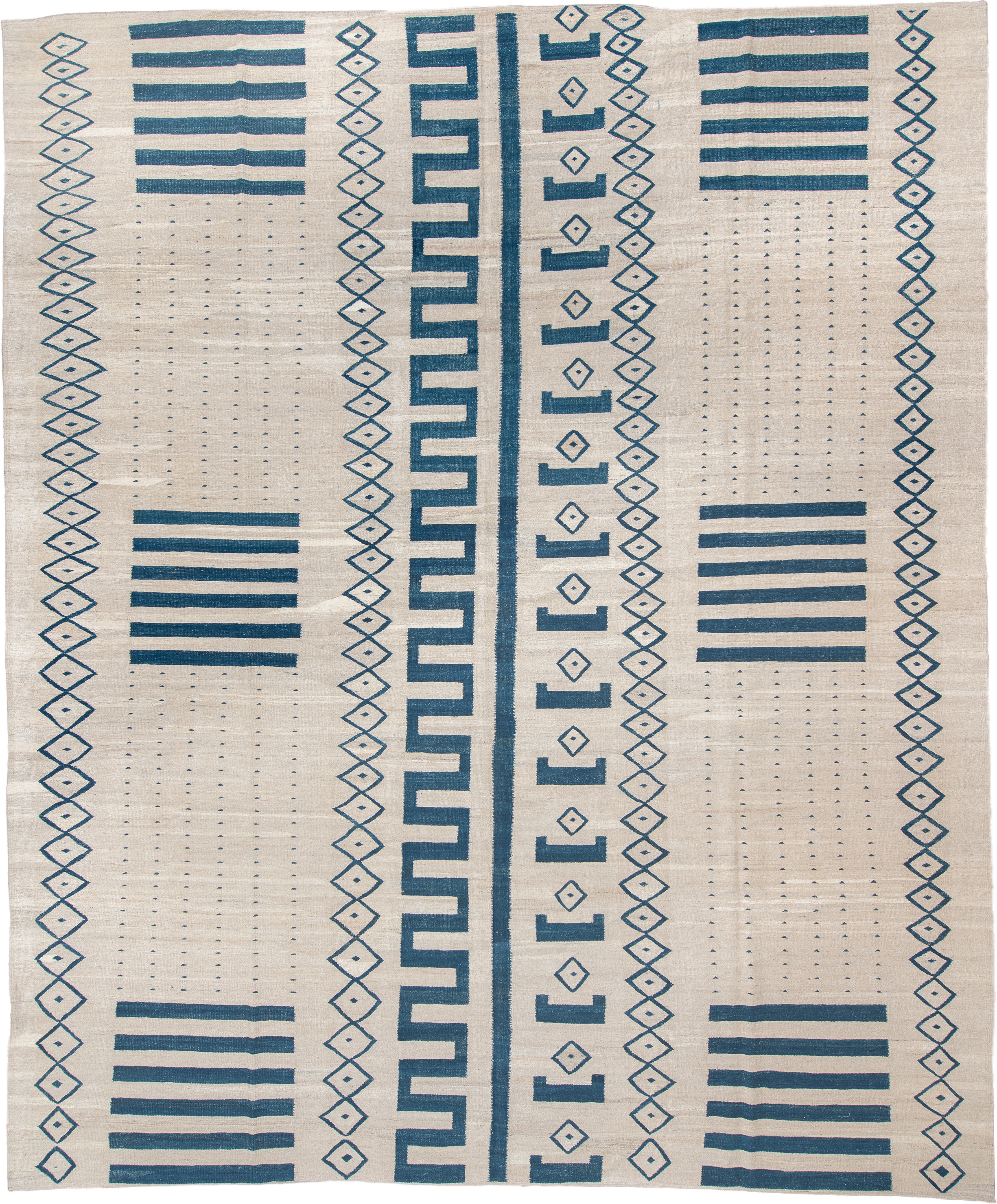 13' x 15' one-of-a-kind handmade vintage Kilim oversize rug. Color palette: ivory, teal, slate, gray