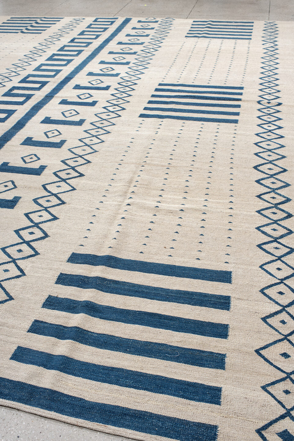 13' x 15' one-of-a-kind handmade vintage Kilim oversize rug. Color palette: ivory, teal, slate, gray