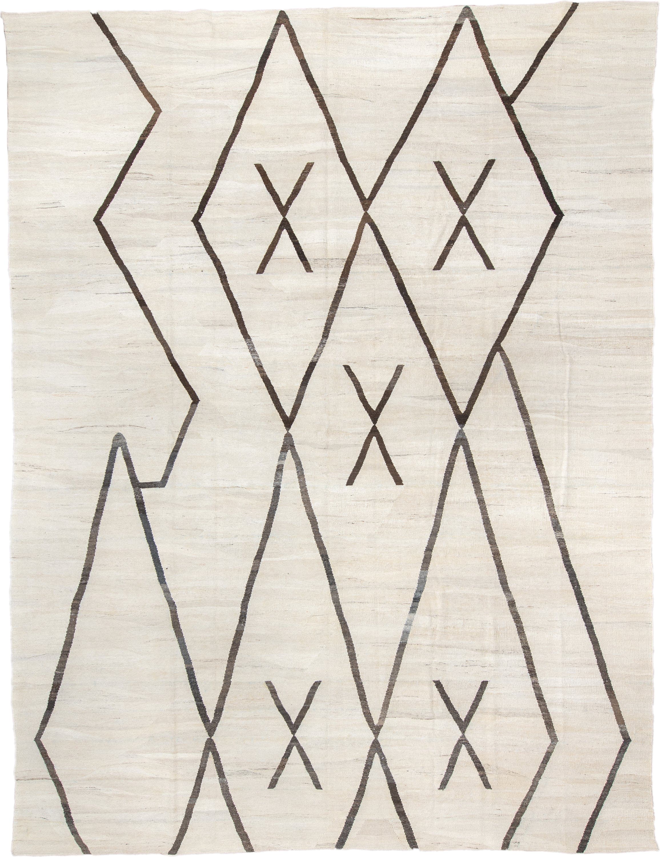 12' x 16' one-of-a-kind handmade vintage Kilim oversize rug. Color palette: ivory, charcoal, taupe, gray, black, beige
