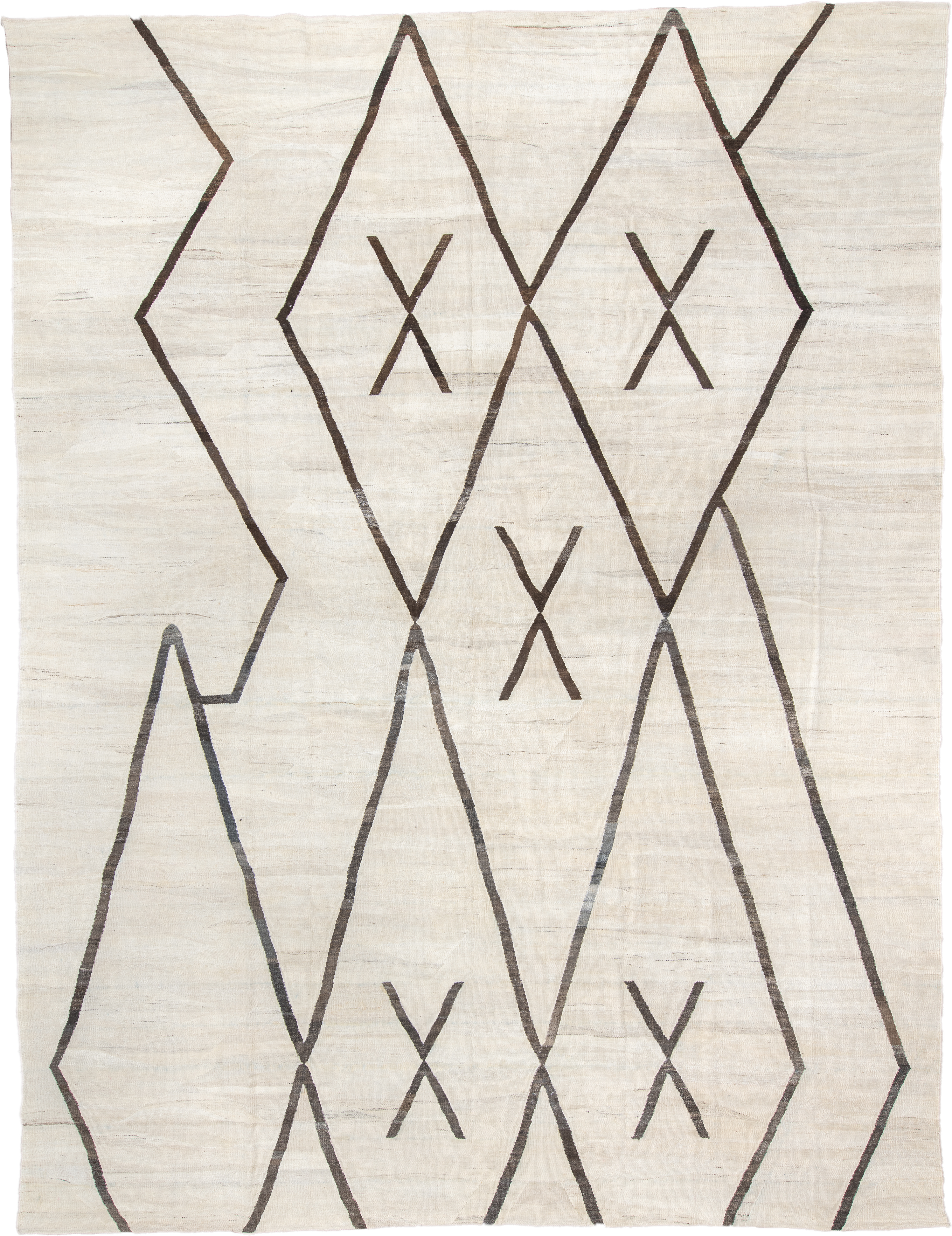 12' x 16' one-of-a-kind handmade vintage Kilim oversize rug. Color palette: ivory, charcoal, taupe, gray, black, beige