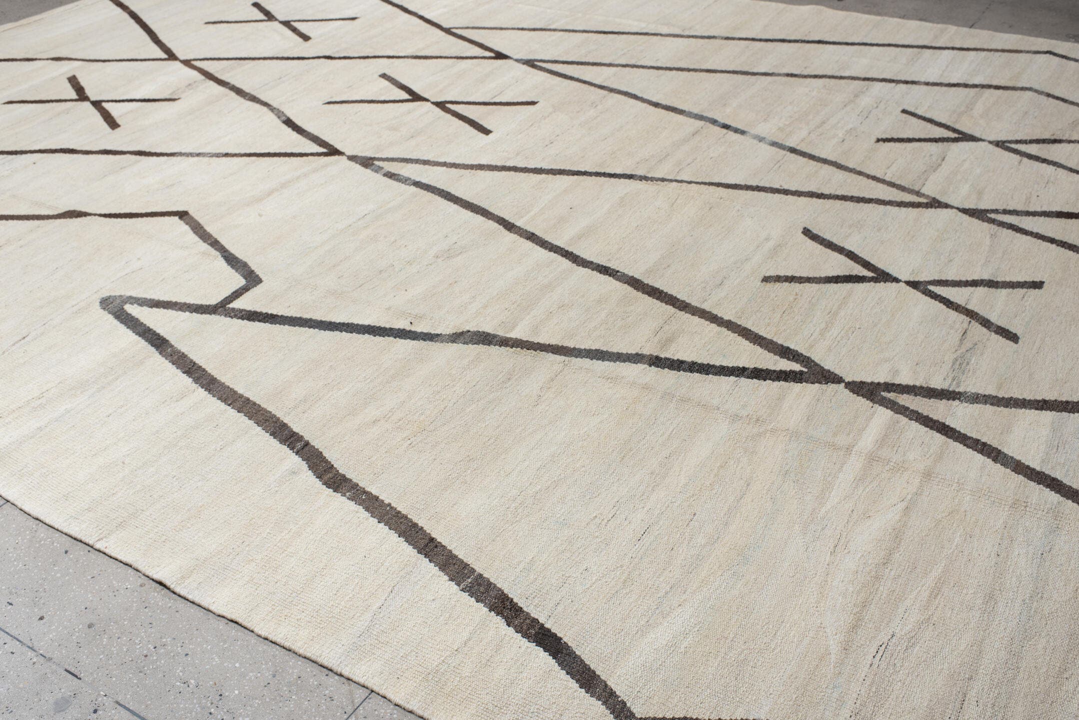 12' x 16' one-of-a-kind handmade vintage Kilim oversize rug. Color palette: ivory, charcoal, taupe, gray, black, beige