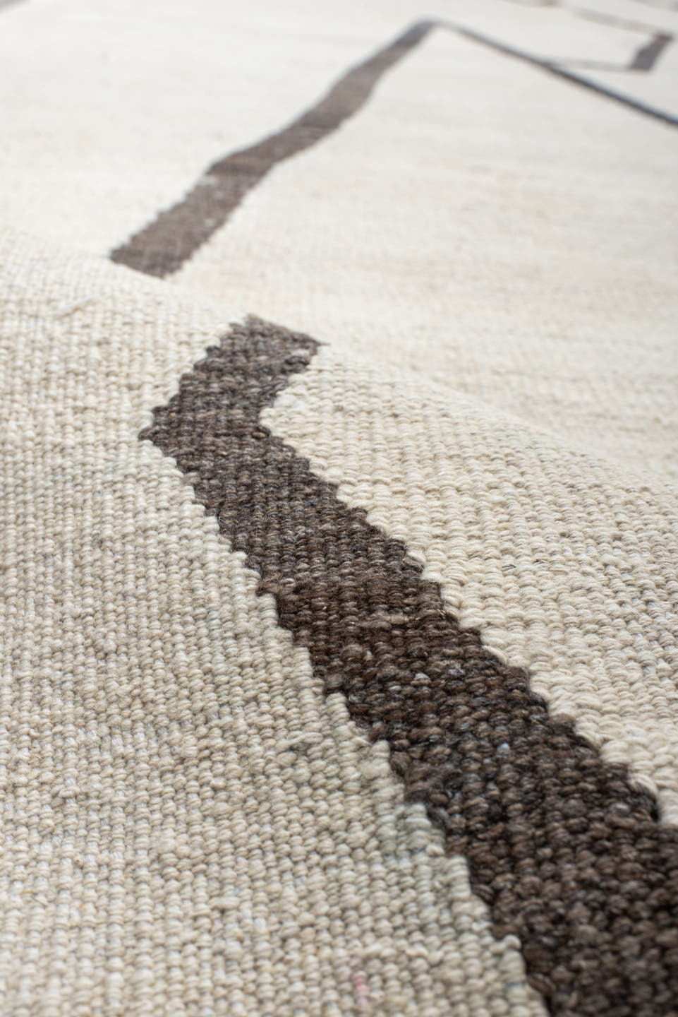 12' x 16' one-of-a-kind handmade vintage Kilim oversize rug. Color palette: ivory, charcoal, taupe, gray, black, beige